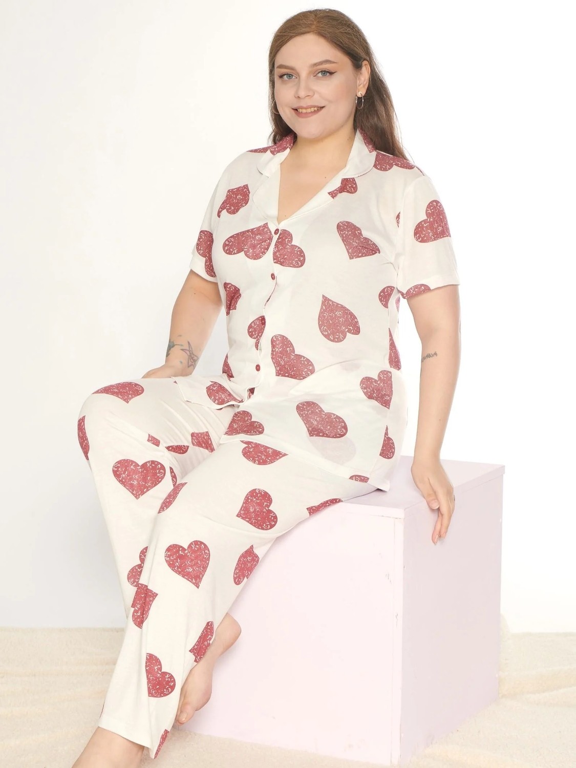 Boydan Düğmeli Battal Kısa Kol Pijama Takımı Alperi B780-27 görsel 3