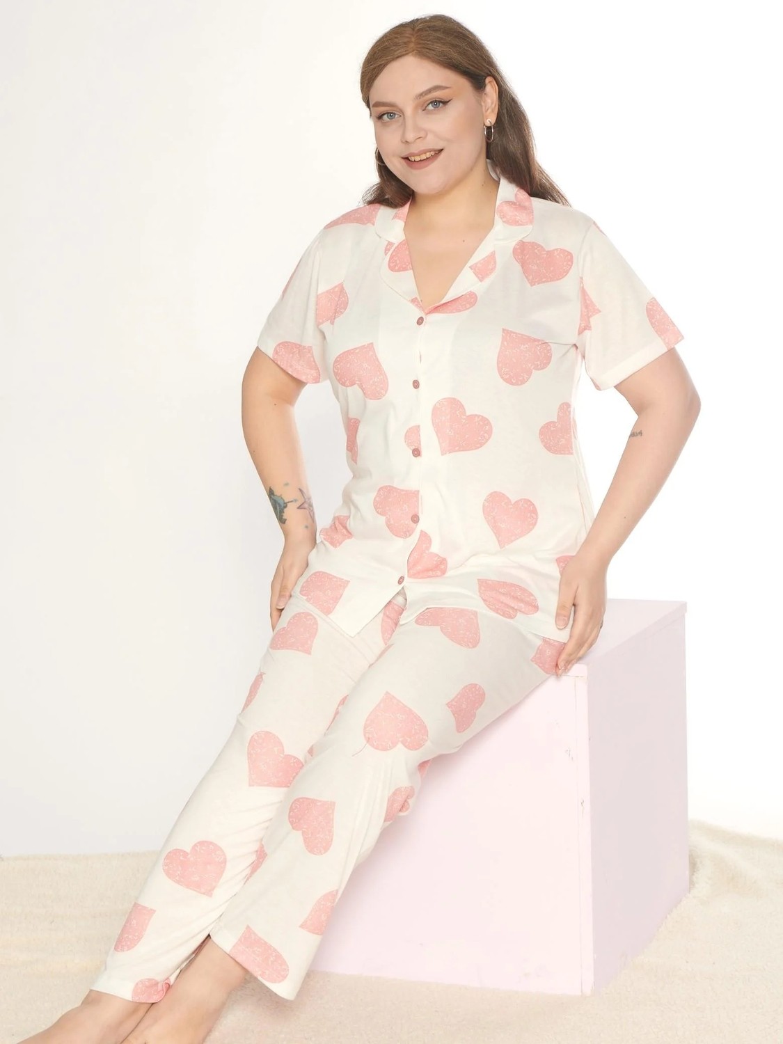 Boydan Düğmeli Battal Kısa Kol Pijama Takımı Alperi B780-27