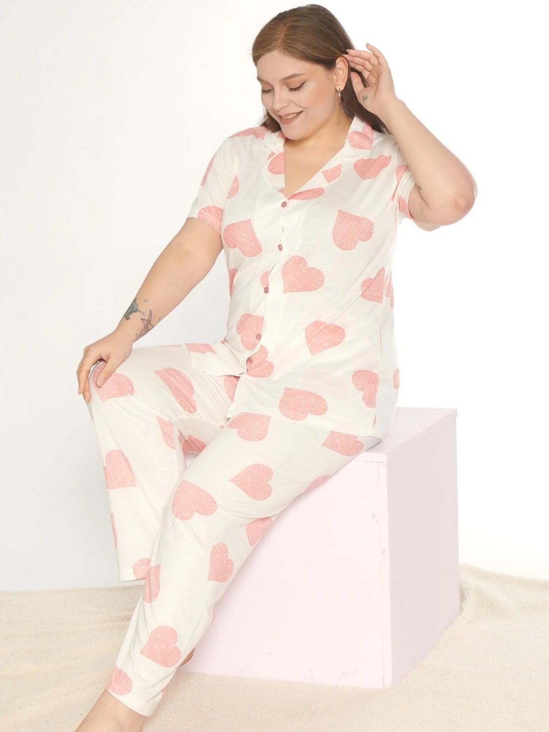 Boydan Düğmeli Battal Kısa Kol Pijama Takımı Alperi B780-27 görsel 5