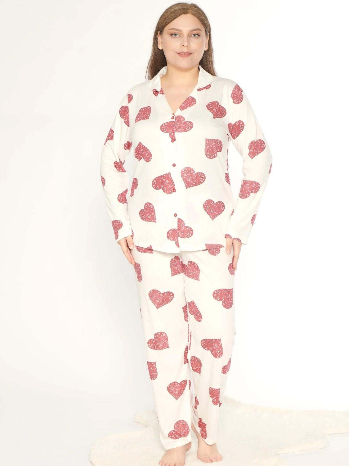Boydan Düğmeli Battal Kalp Desen Uzun Kol Pijama Takım Mevsimlik Alperi B790-47