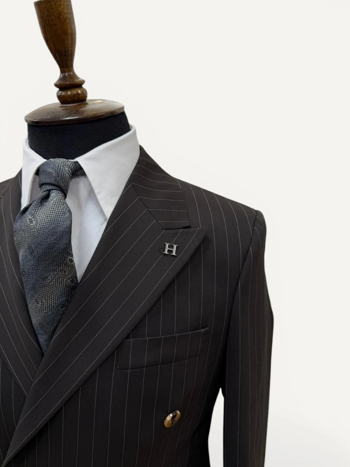 HERMOSE Sartorial | Espresso Kahve Çizgili Kruvaze Takım Elbise görsel 3