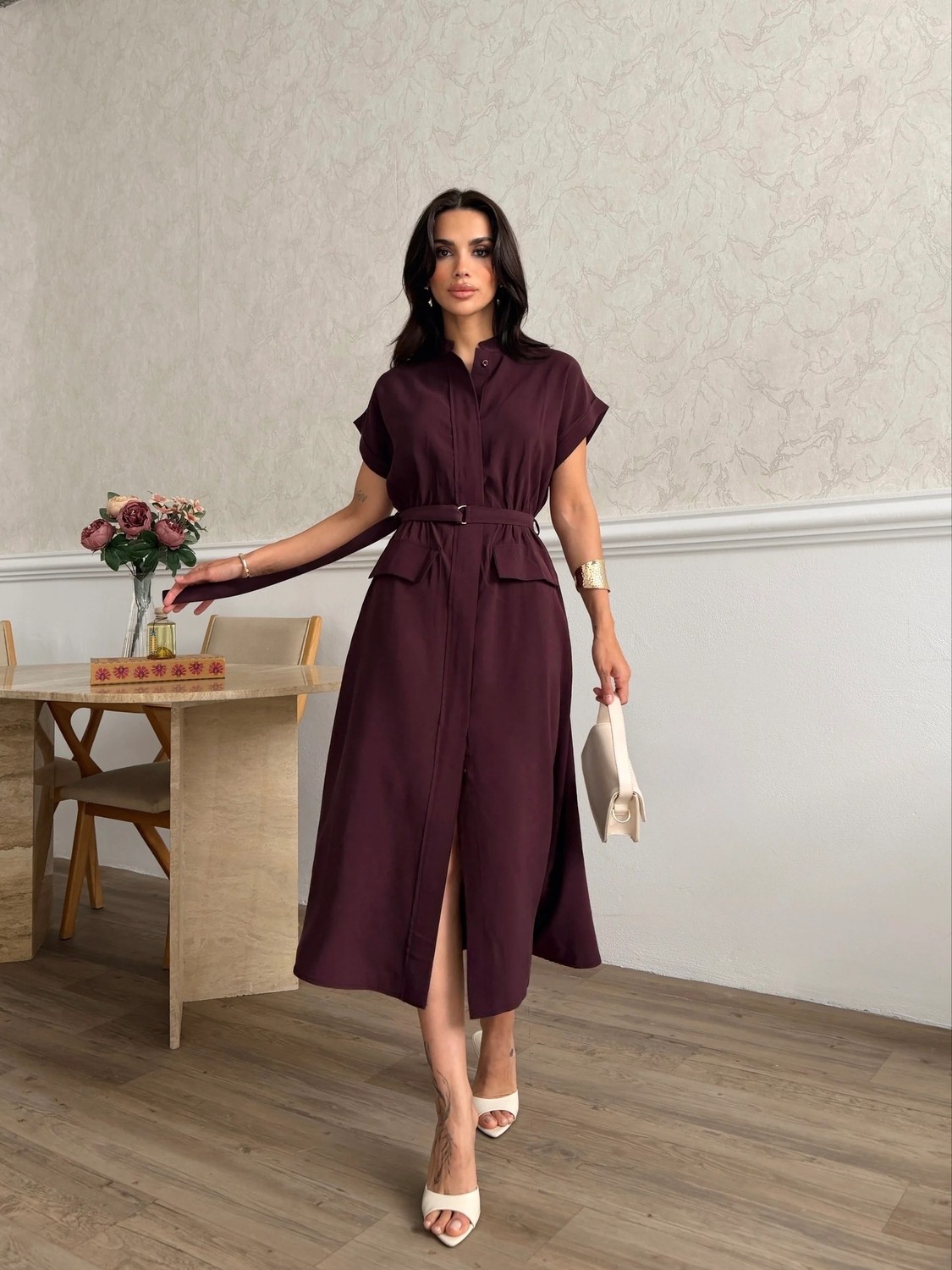 Cey Moda Kadın Kısa Kol Kuşak Detaylı Düğmeli Tensel Elbise