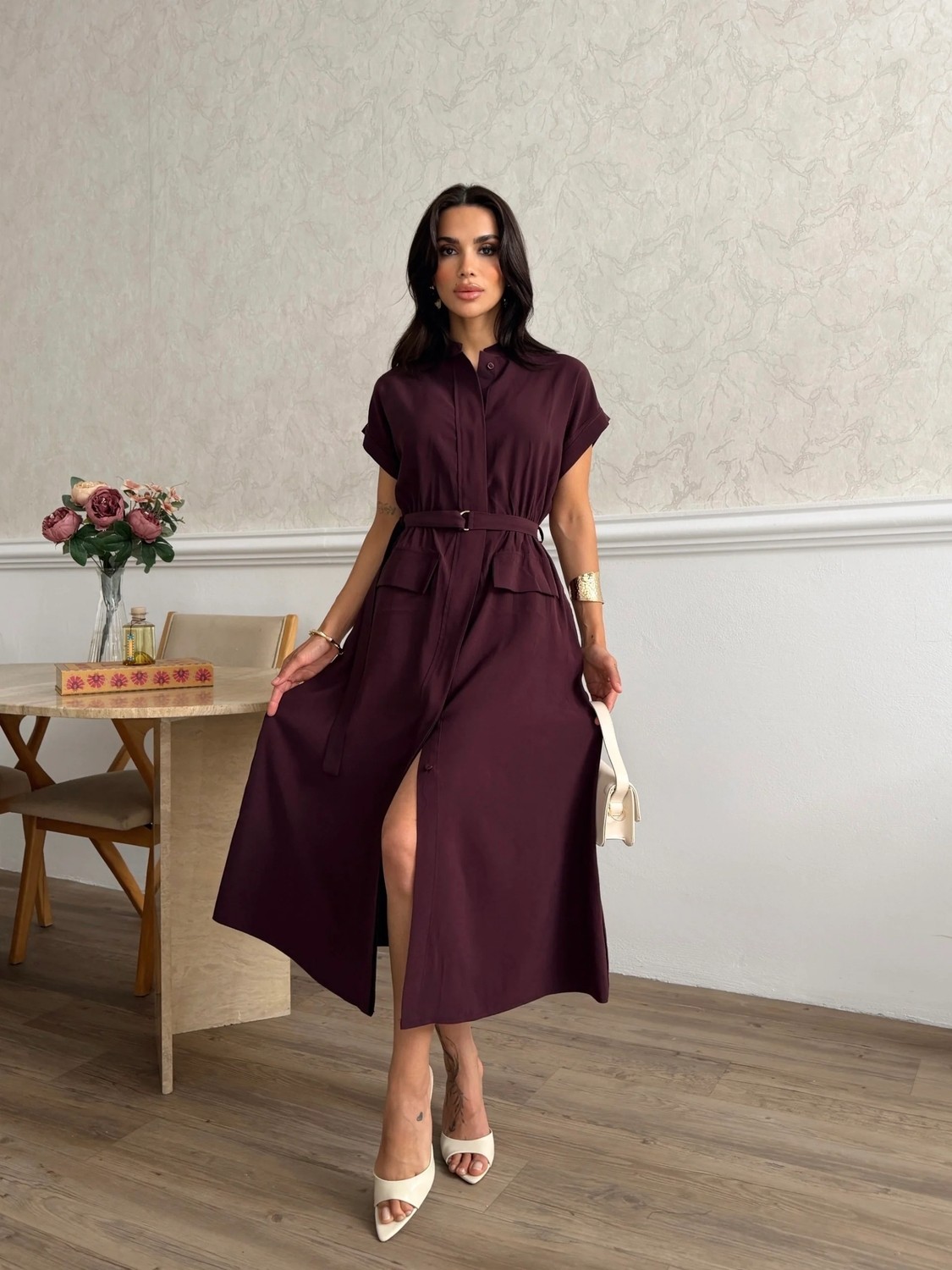 Cey Moda Kadın Kısa Kol Kuşak Detaylı Düğmeli Tensel Elbise görsel 7