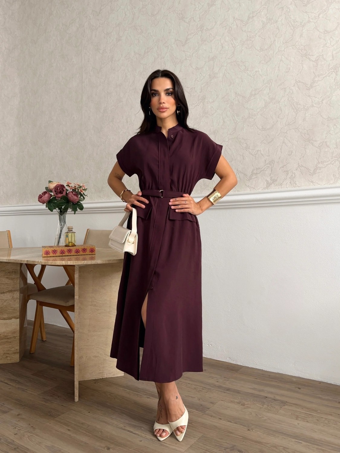 Cey Moda Kadın Kısa Kol Kuşak Detaylı Düğmeli Tensel Elbise görsel 8