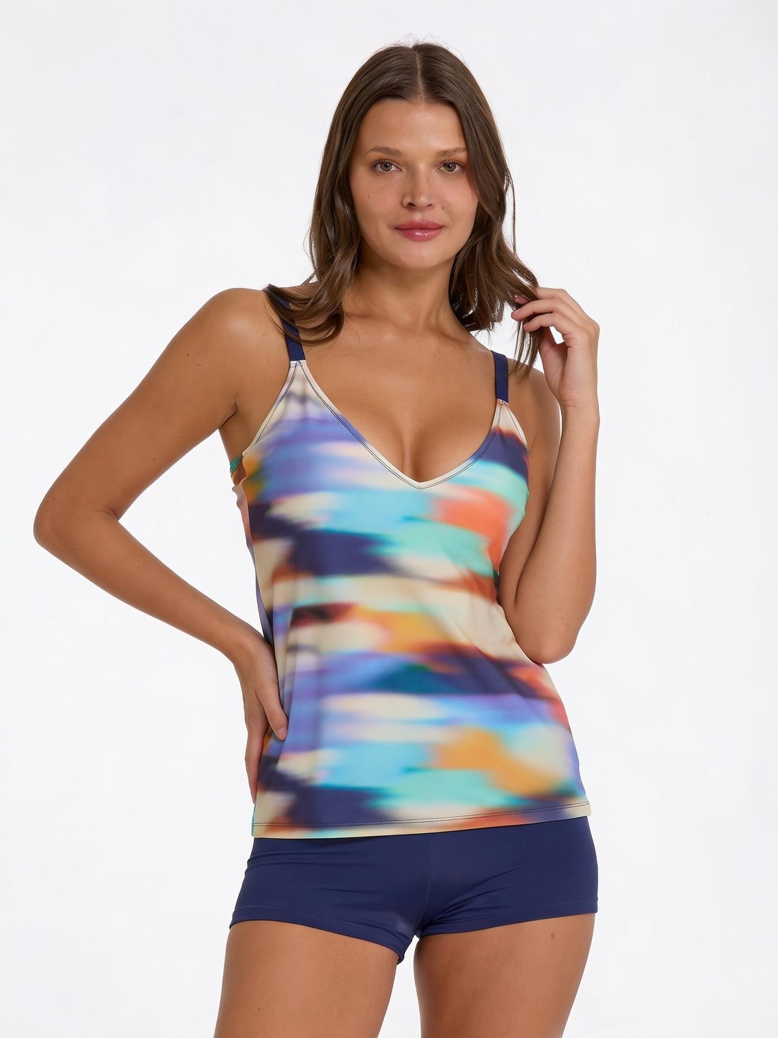Argento Kadın Lacivert Şortlu Tankini Mayo Desenli Askılı Rahat Kalıp C0T2N033600