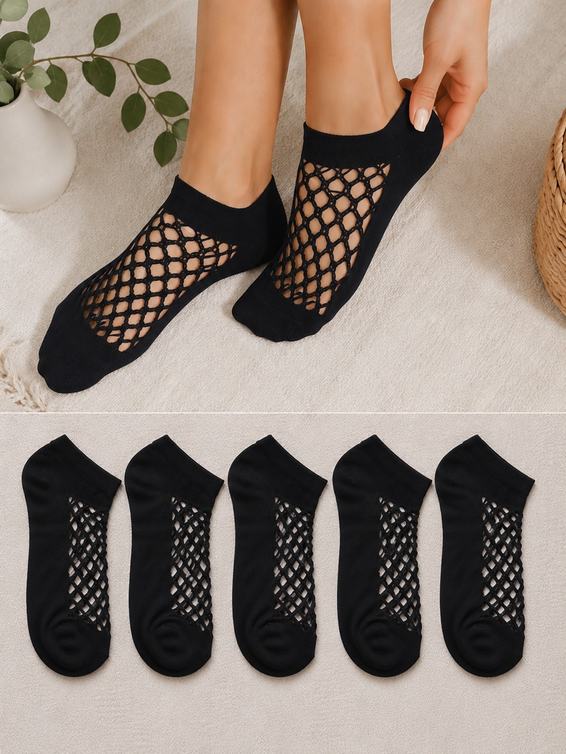 Hitit Socks Kadın 5 Çift Siyah Premium Kalite File Tasarım Bilek Çorabı Patik Çorap görsel 3