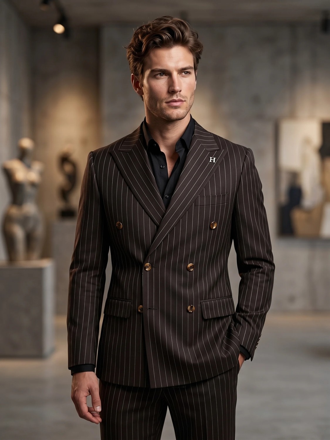 HERMOSE Sartorial | Espresso Kahve Çizgili Kruvaze Takım Elbise görsel 6