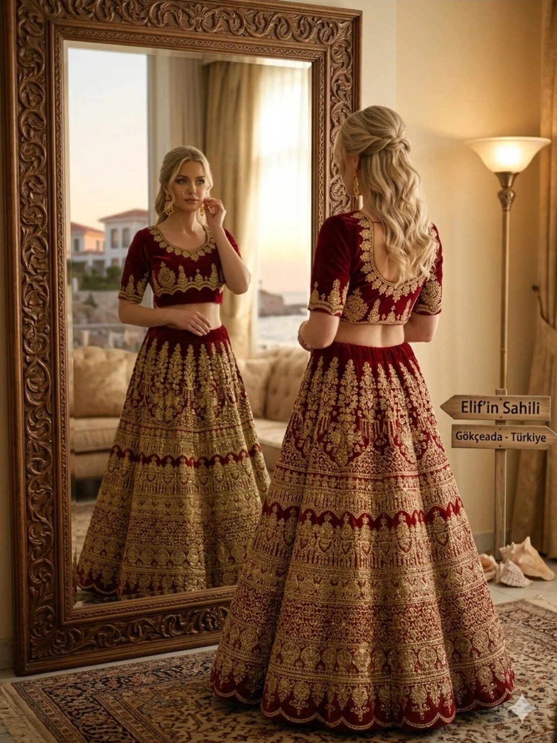 Aashiv's Collection Gelinlik Hint Lehenga Choli Takımı Bordo Işlemeli