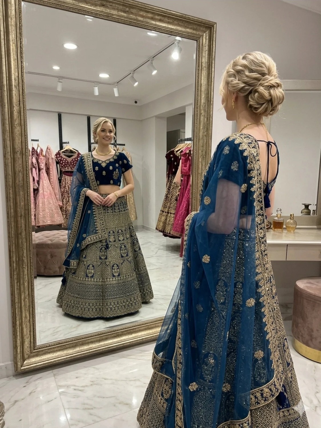 Aashiv's Collection Gelinlik Hint Lehenga Choli Takımı Mavi Işlemeli