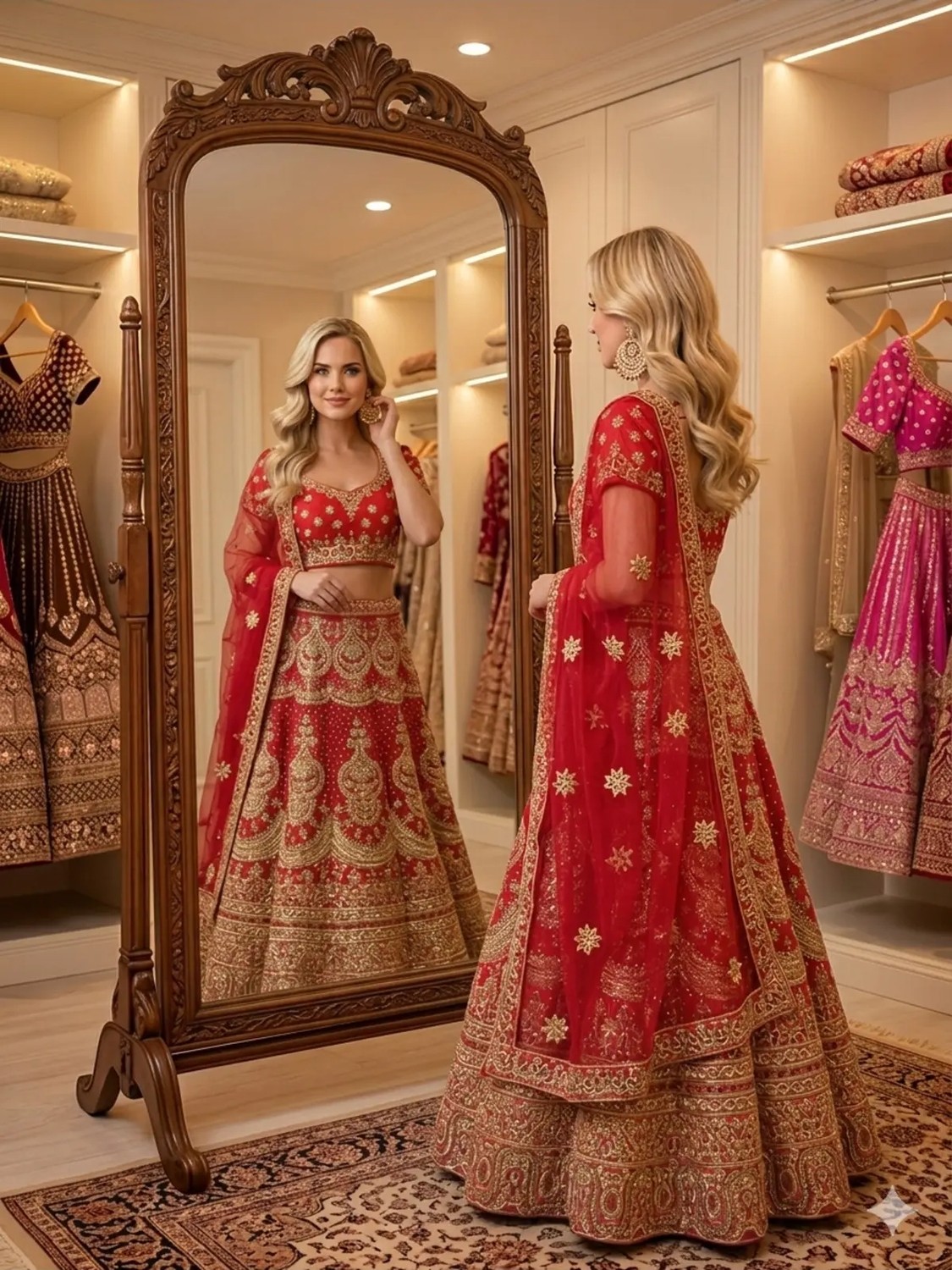 Aashiv's Collection Gelinlik Hint Lehenga Choli Takımı Kırmızı Işlemeli