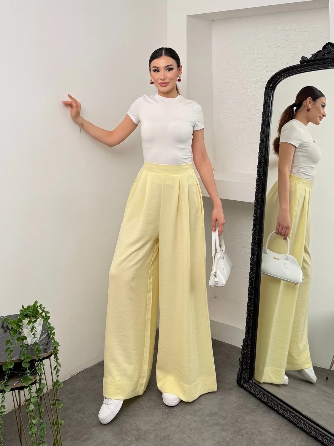 Hatun Atila Pileli Arka Beli Lastikli Geniş Paça Filamlı Keten Palazzo Pantolon 8980 - Su Yeşili