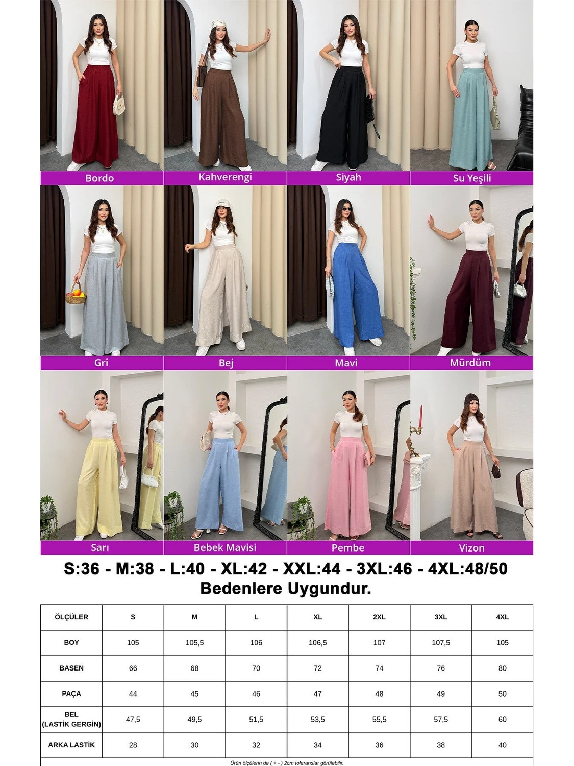 Hatun Atila Pileli Arka Beli Lastikli Geniş Paça Filamlı Keten Palazzo Pantolon 8980 - Su Yeşili görsel 2