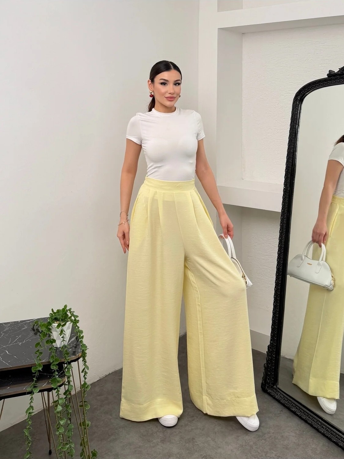 Hatun Atila Pileli Arka Beli Lastikli Geniş Paça Filamlı Keten Palazzo Pantolon 8980 - Su Yeşili görsel 3