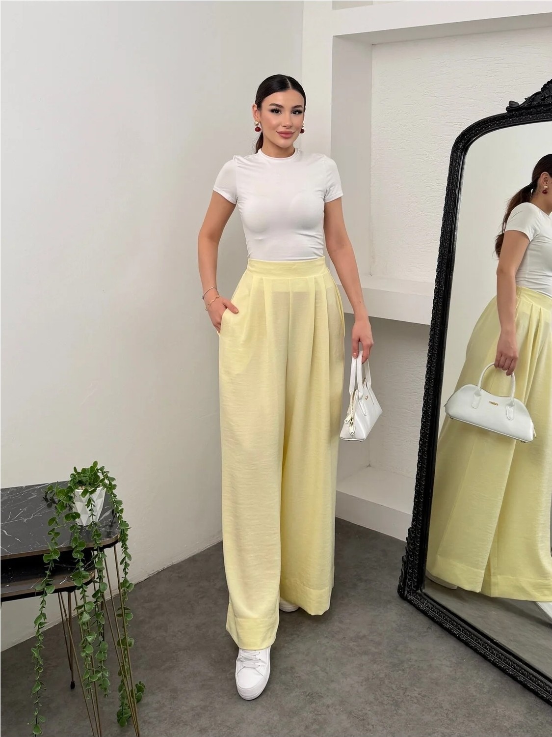 Hatun Atila Pileli Arka Beli Lastikli Geniş Paça Filamlı Keten Palazzo Pantolon 8980 - Su Yeşili görsel 7