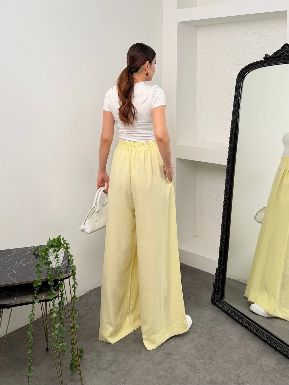 Hatun Atila Pileli Arka Beli Lastikli Geniş Paça Filamlı Keten Palazzo Pantolon 8980 - Su Yeşili görsel 8