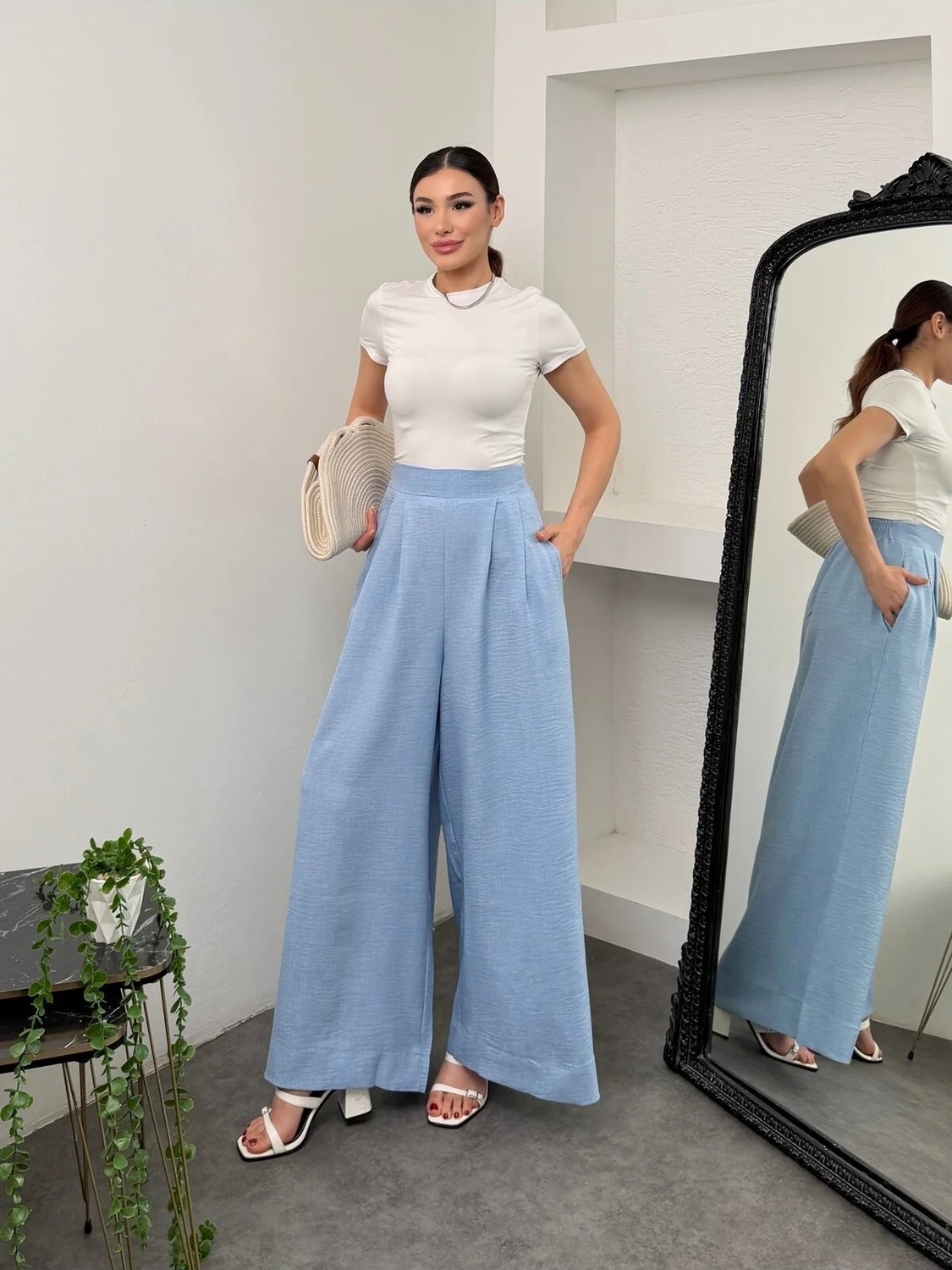 Hatun Atila Pileli Arka Beli Lastikli Geniş Paça Filamlı Keten Palazzo Pantolon 8980 - Su Yeşili
