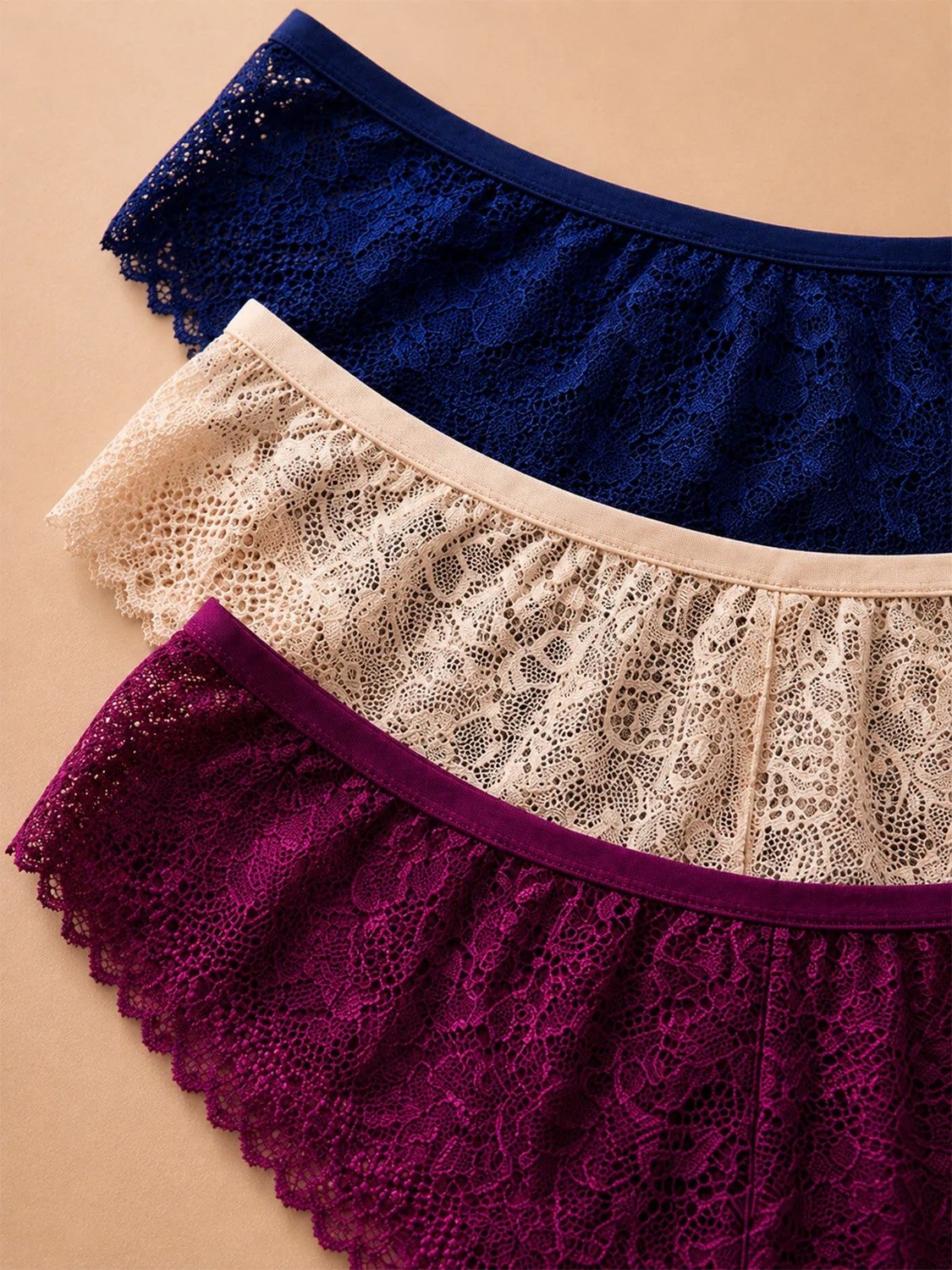 Valunor Lace Set Mor Lacivert Brazilian Stil Dantelli Kadın İç Giyim Lace Tanga Külot 3'lü Set görsel 2
