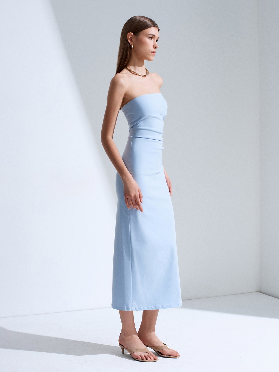 Dilvin 91368 Straplez Midi Elbise-Koyu Kahve