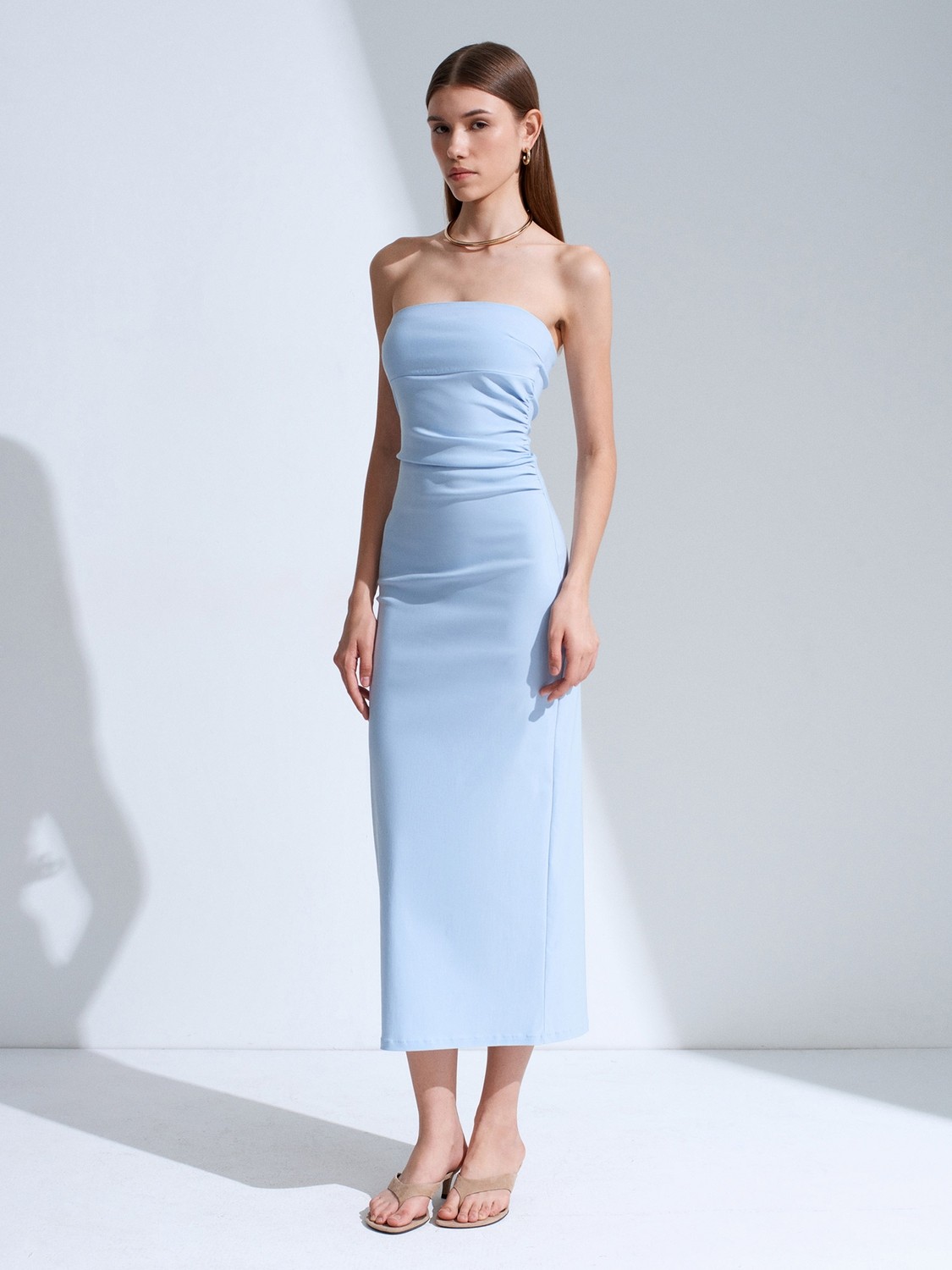 Dilvin 91368 Straplez Midi Elbise-Koyu Kahve görsel 4