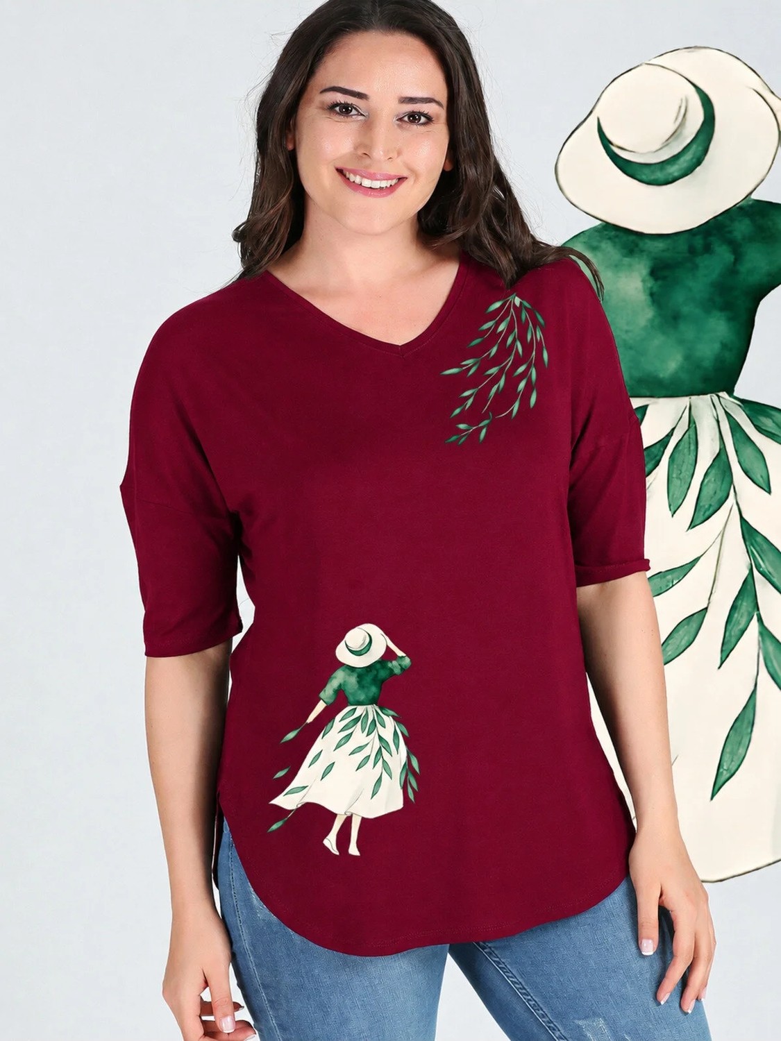 Curvy Trend Büyük Beden Kız ve Yapraklar Baskılı Yarım Kol Yan Yırtmaç Bluz