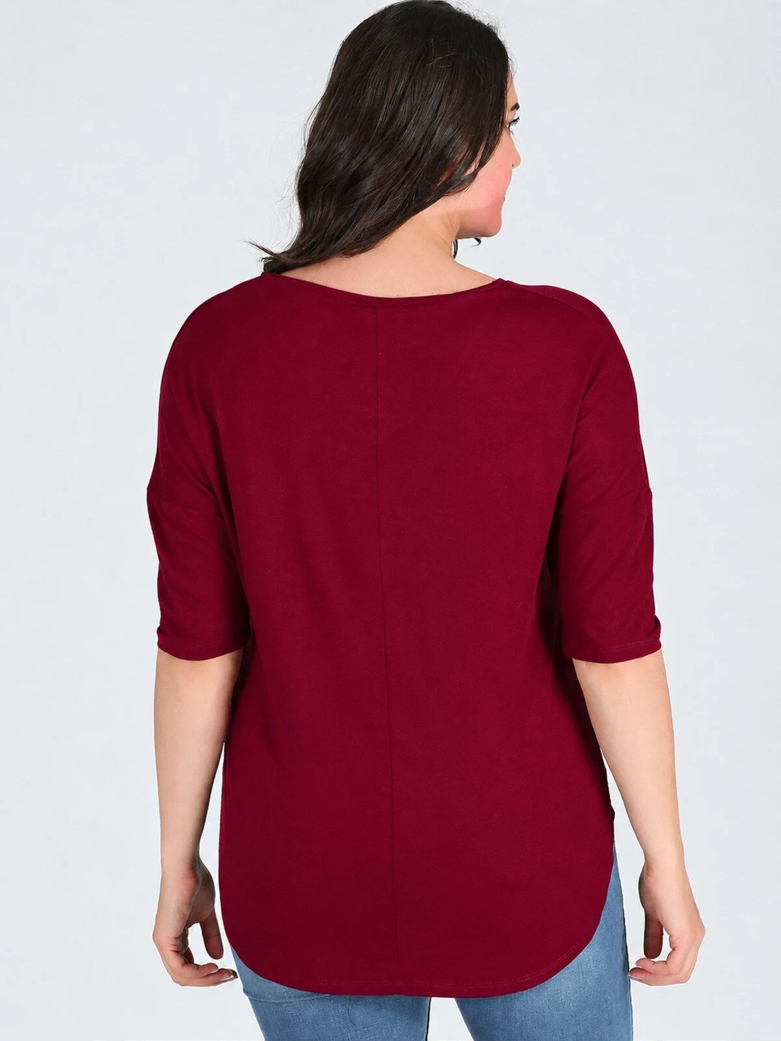 Curvy Trend Büyük Beden Kız ve Yapraklar Baskılı Yarım Kol Yan Yırtmaç Bluz görsel 5