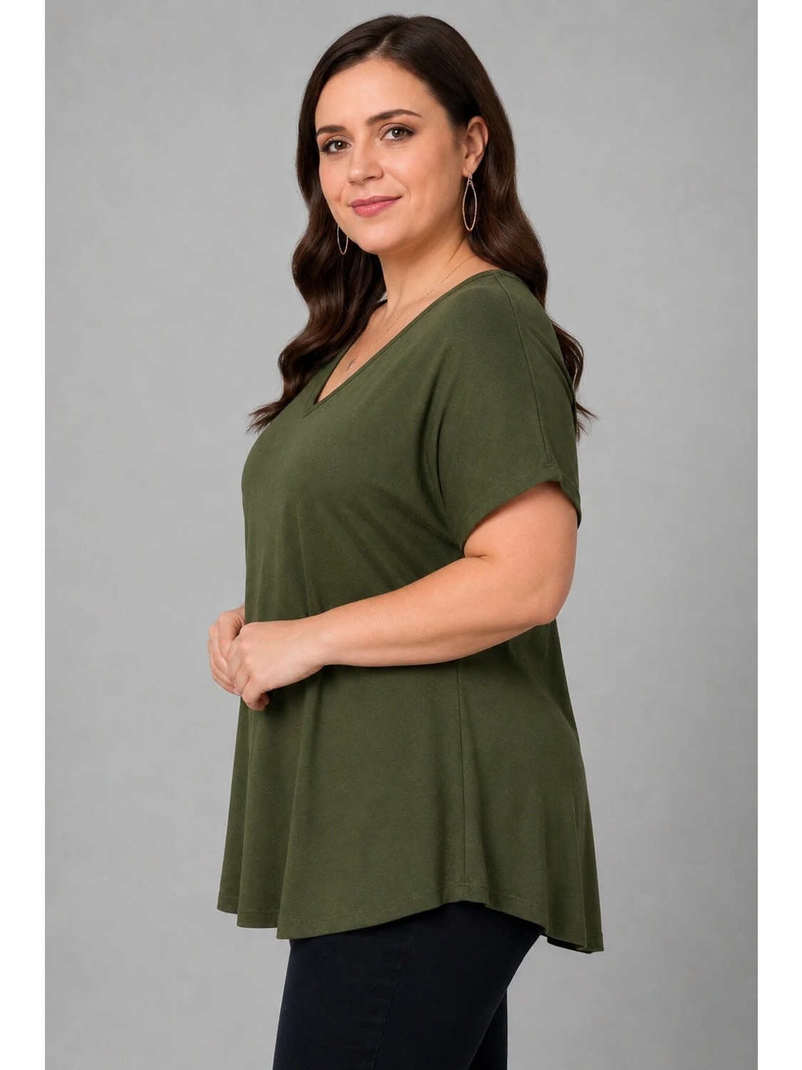 Curvy Trend Büyük Beden V Yaka Kısa Kol Geniş Etekli Bluz görsel 6