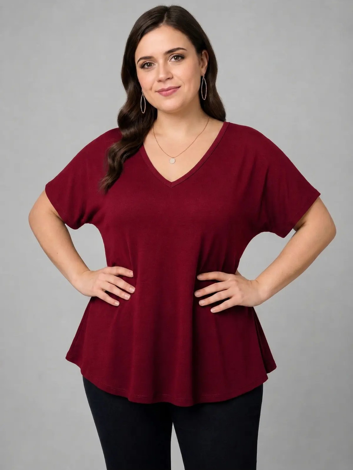 Curvy Trend Büyük Beden V Yaka Kısa Kol Geniş Etekli Bluz