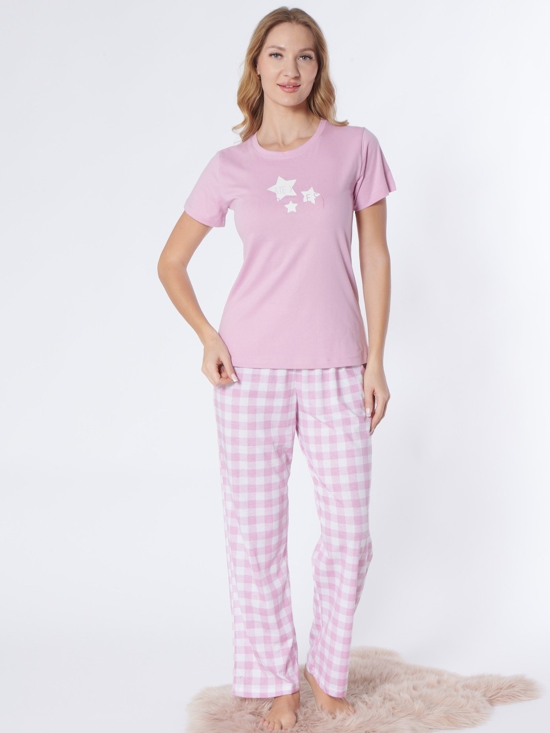 Kadın Yazlık Kısa Kollu Ekose Desenli Pijama Takımı Alperi 78-102