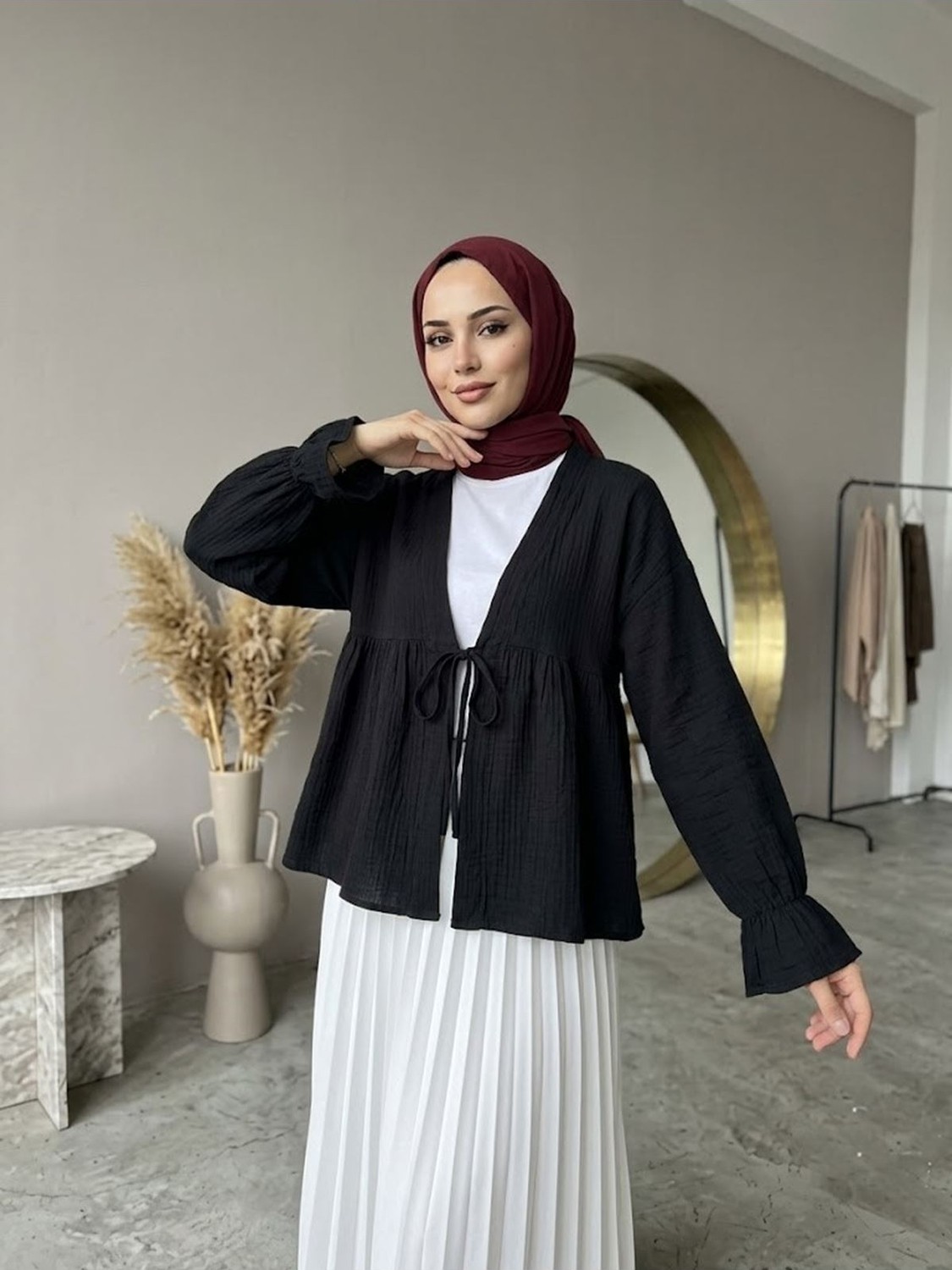 Foremia Önü Bağlamalı Kısa Kimono-Taş - görsel 2