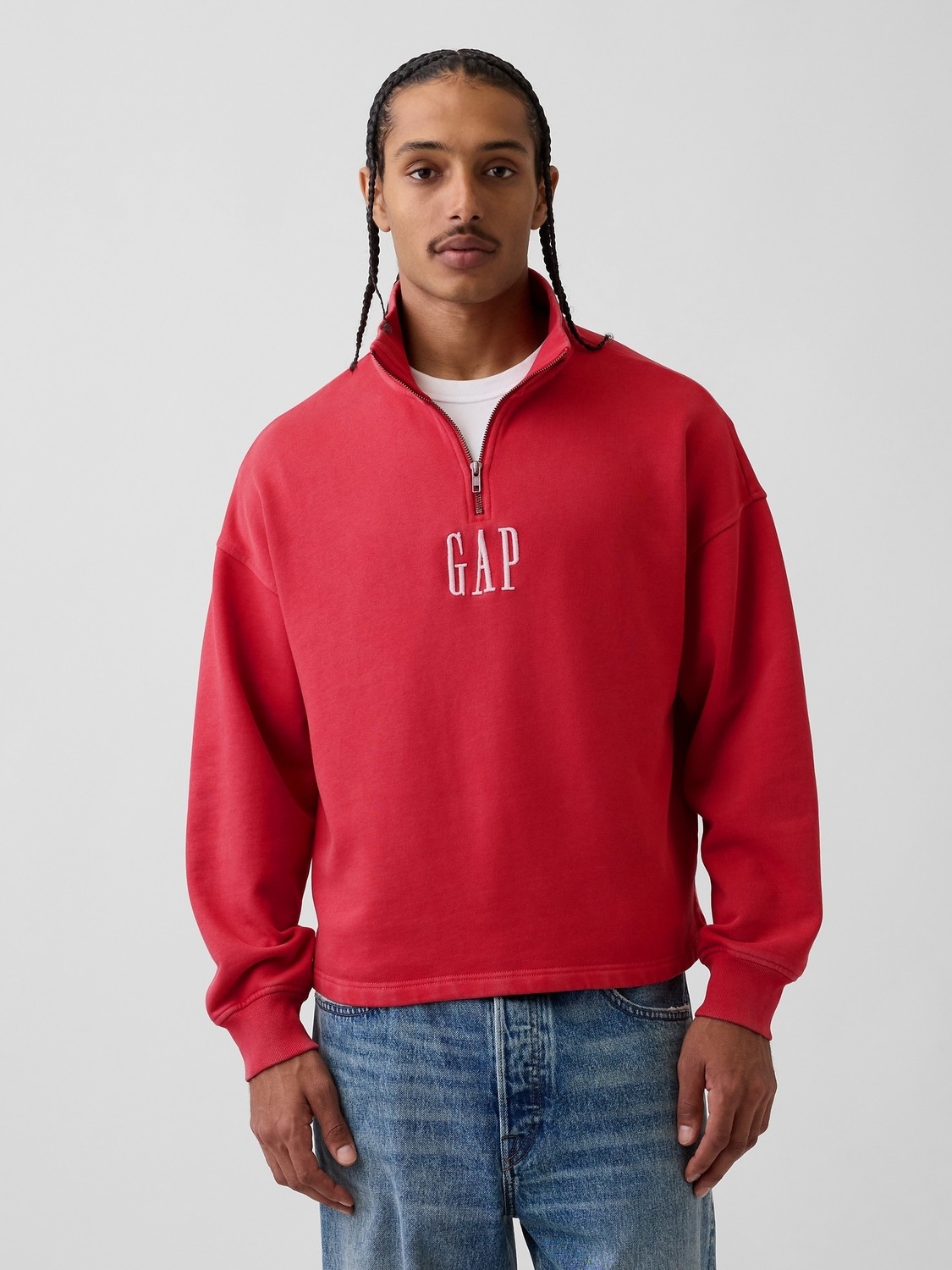 Gap Erkek Kırmızı Heavyweight Oversized Logo Yarım Fermuarlı Sweatshirt