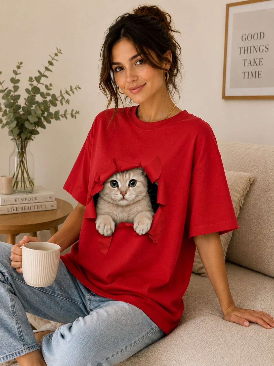 Enb1r Moda Kadın Kırmızı Oversize Kedi Baskılı Basic Tişört Yırtık Efektli Cute Cat görsel 5