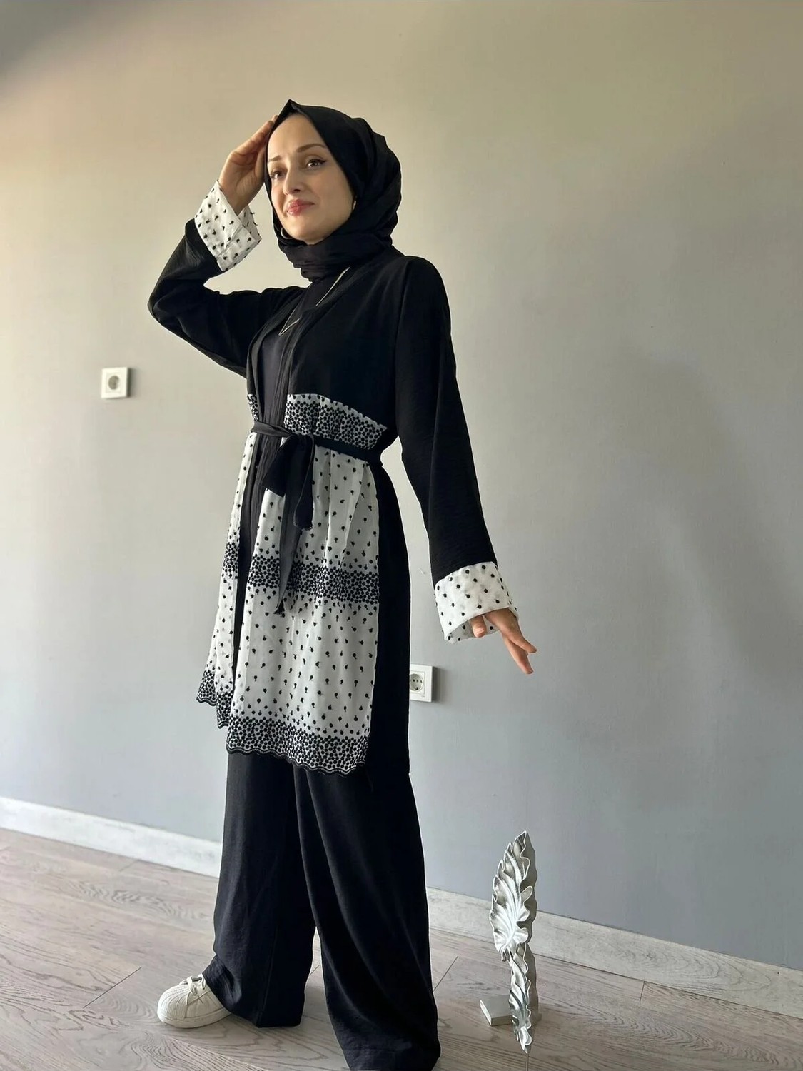 Aysun Aydemir Siyah Beyaz Dantel Detaylı 2 Li Kimono Takım görsel 5