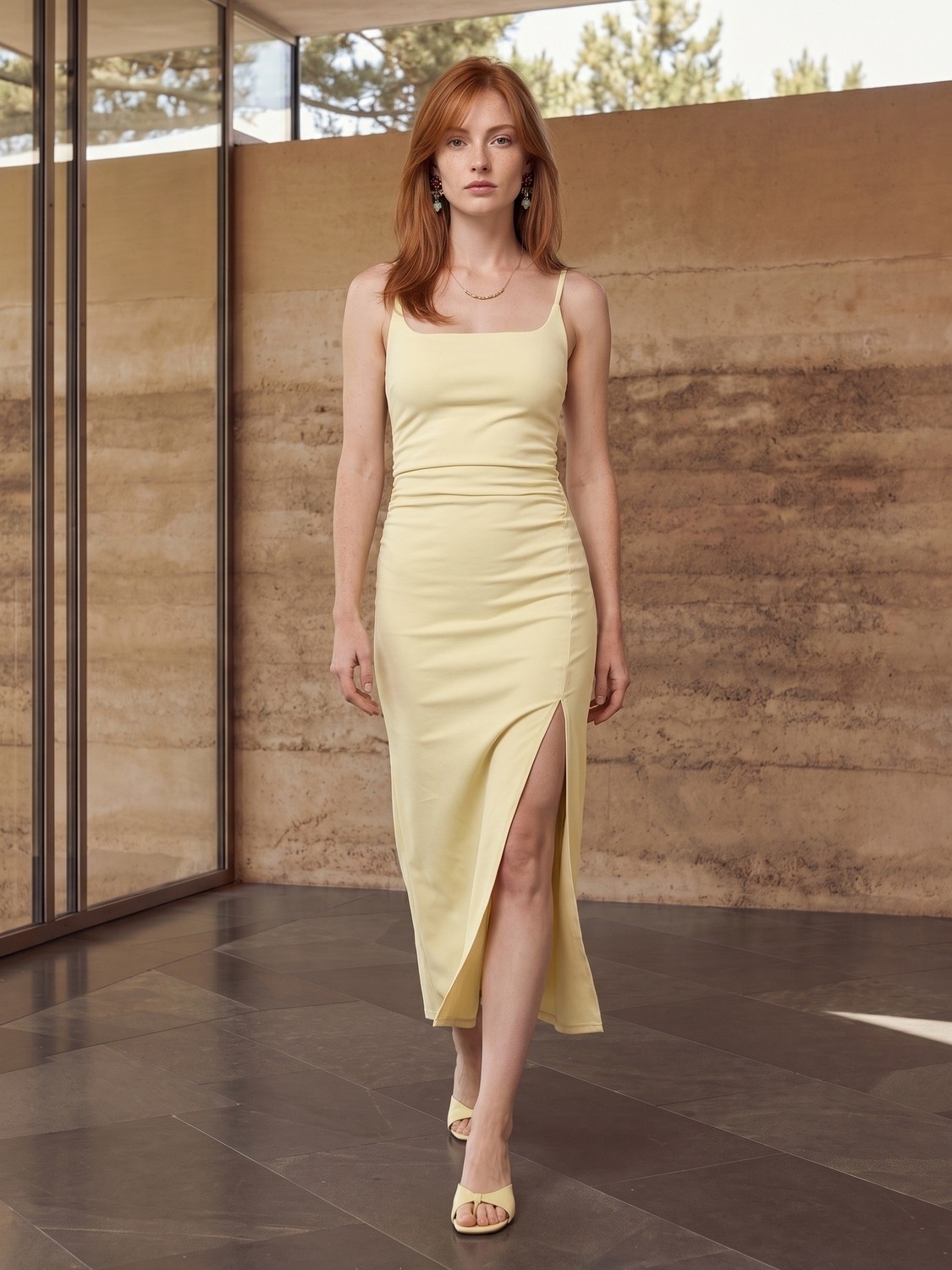 Dilvin 91712 Kare Yaka Büzgülü Midi Elbise-Açık Mavi
