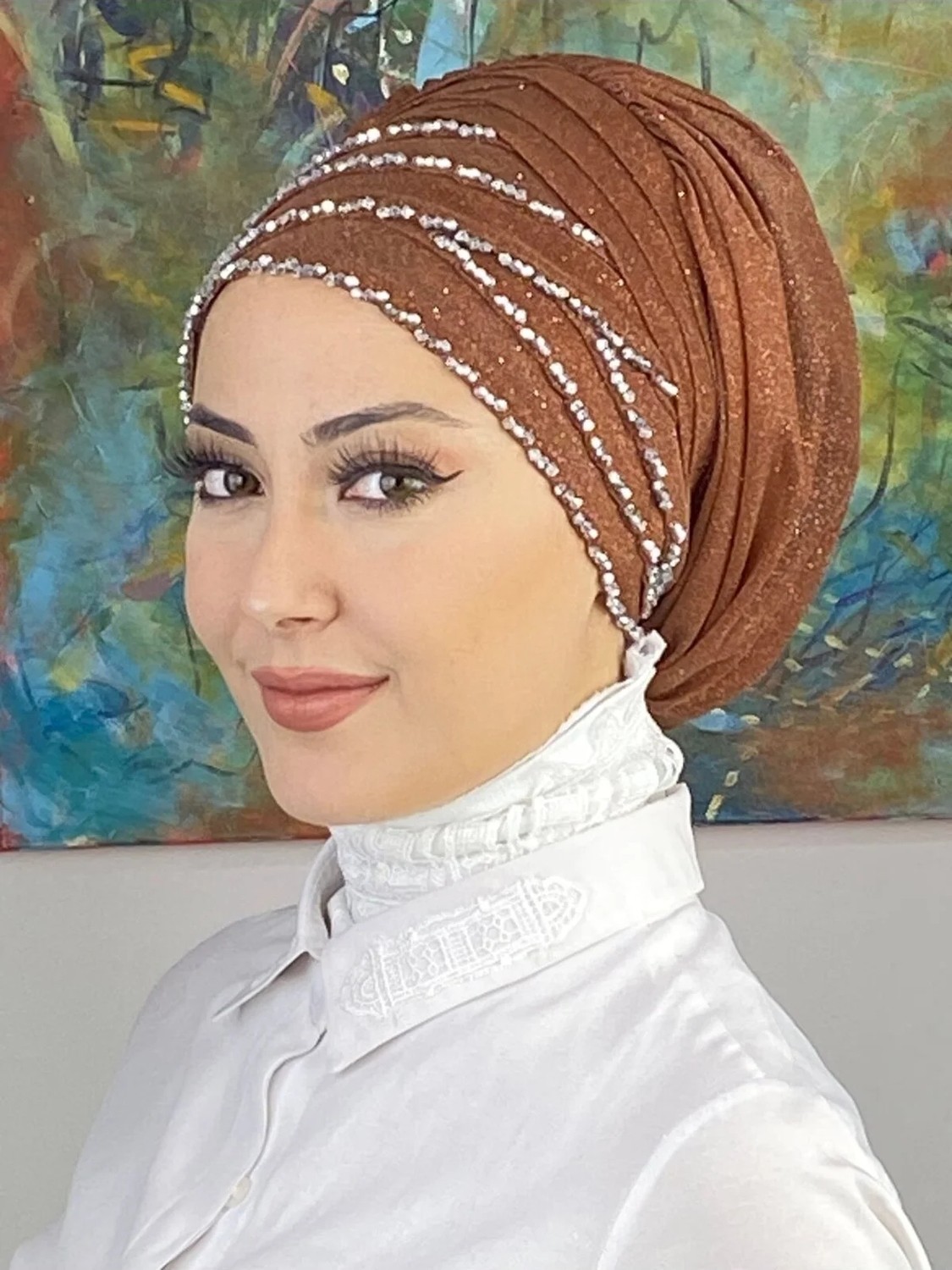Butik Ambar Boncuk Detaylı Drapeli Bone Şal görsel 3