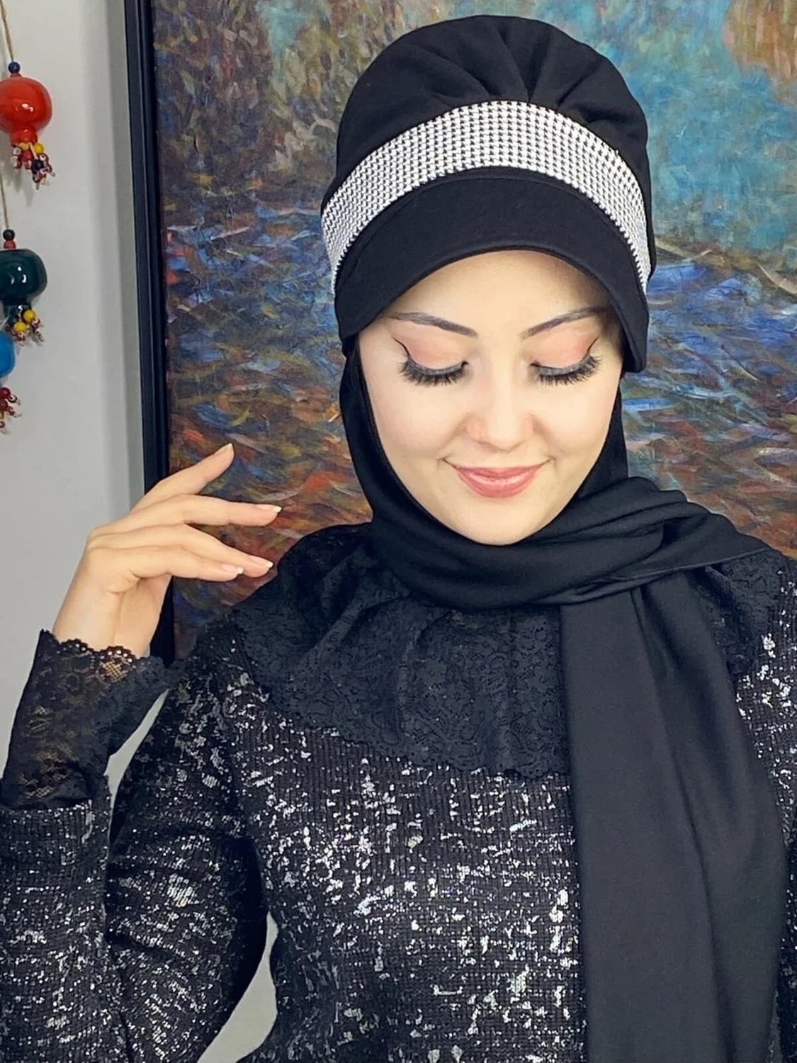 Butik Ambar Beyaz Kazayağı Desenli Şapka görsel 4