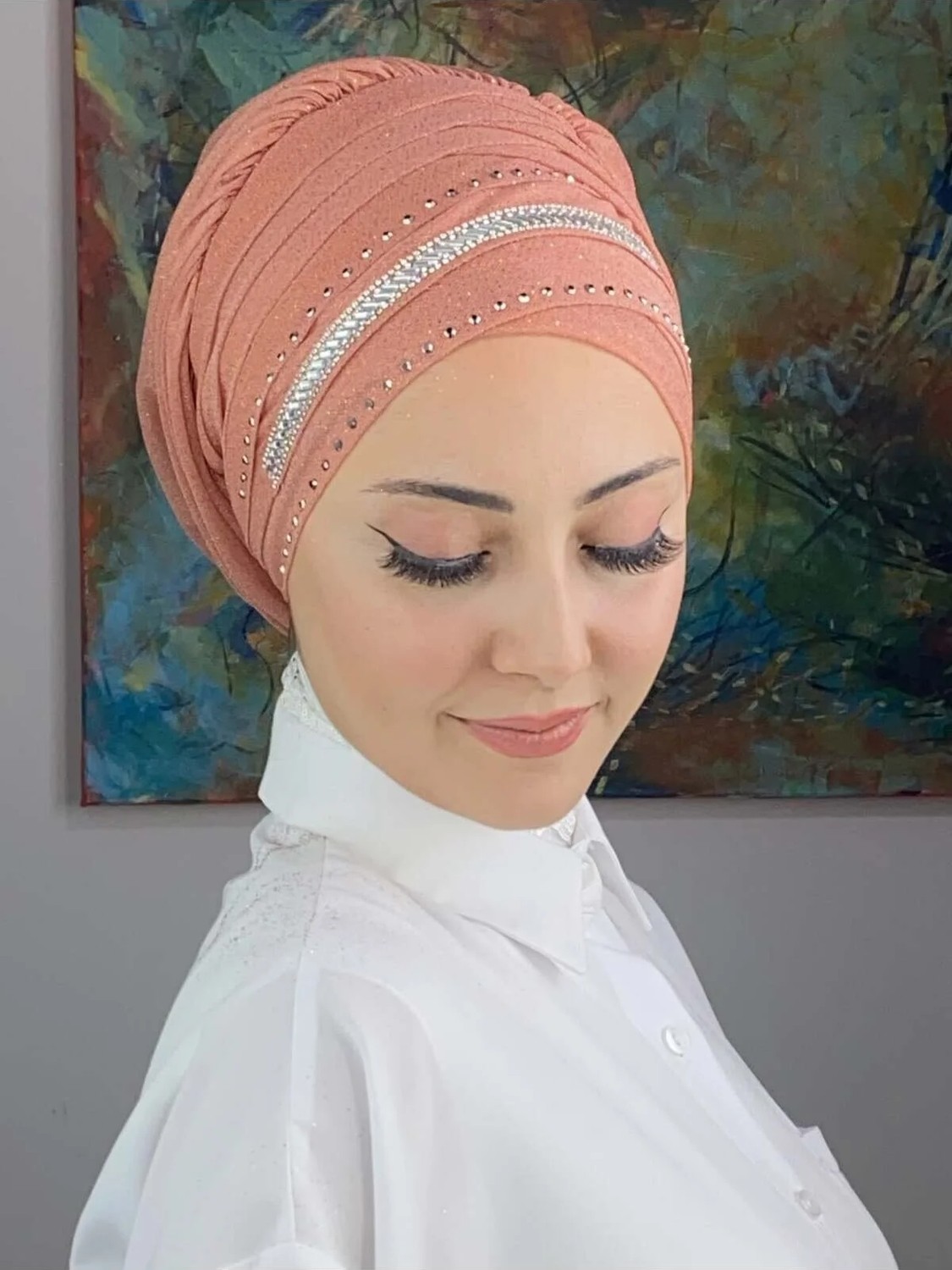 Butik Ambar Şerit Detaylı Bone Şal görsel 3