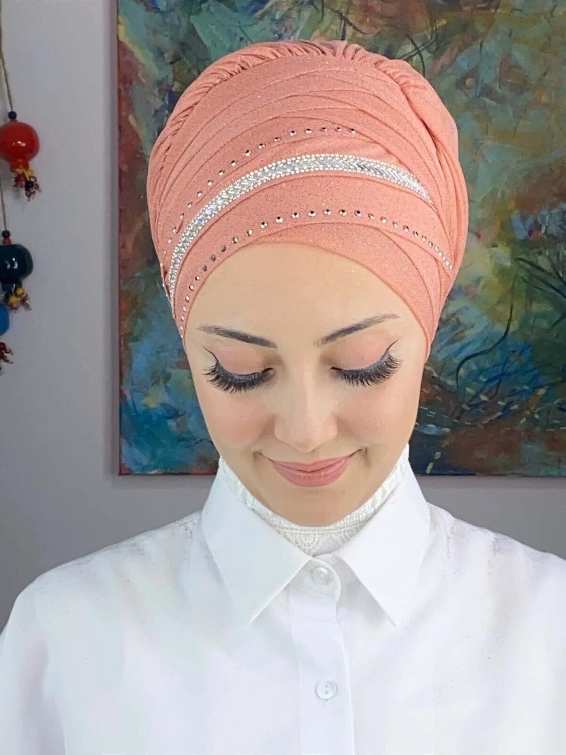 Butik Ambar Şerit Detaylı Bone Şal görsel 6