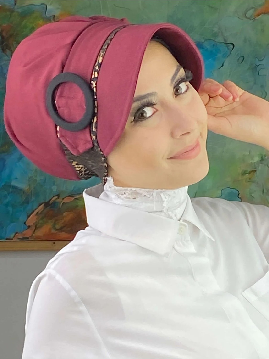 Butik Ambar Nazlı Model Tokalı Parlak Bakır Leoparlı Tesettür Şapka görsel 3