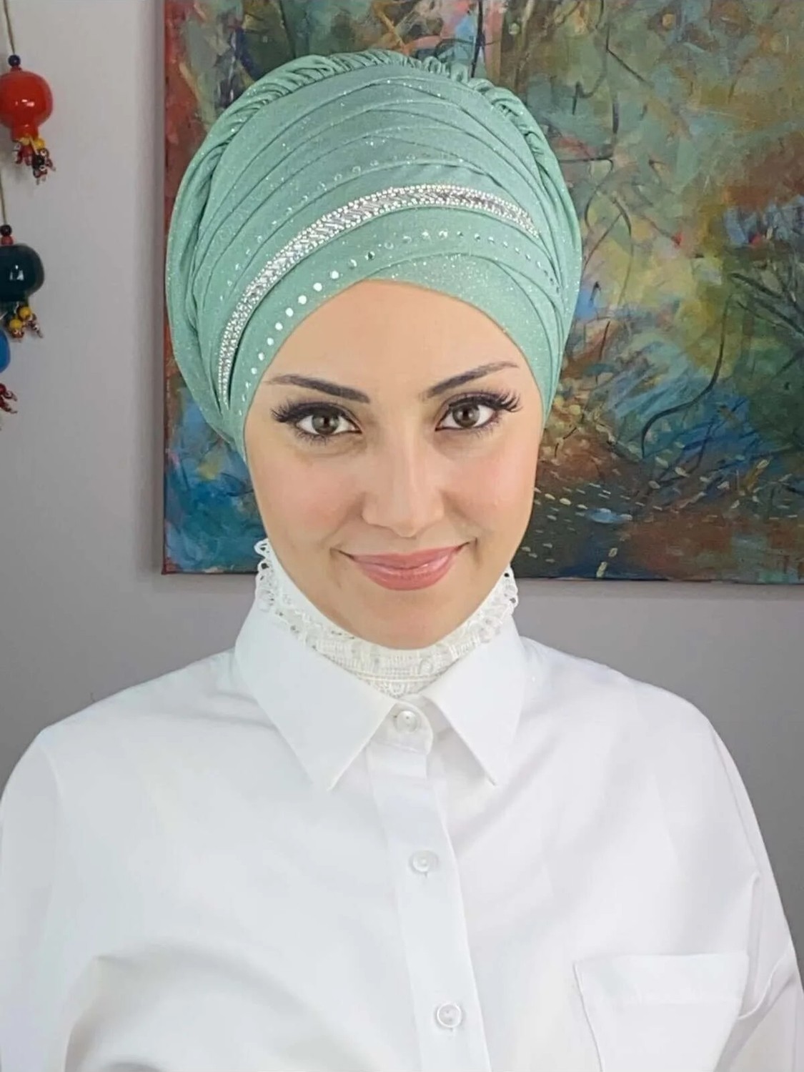 Butik Ambar Şerit Detaylı Bone Şal görsel 2