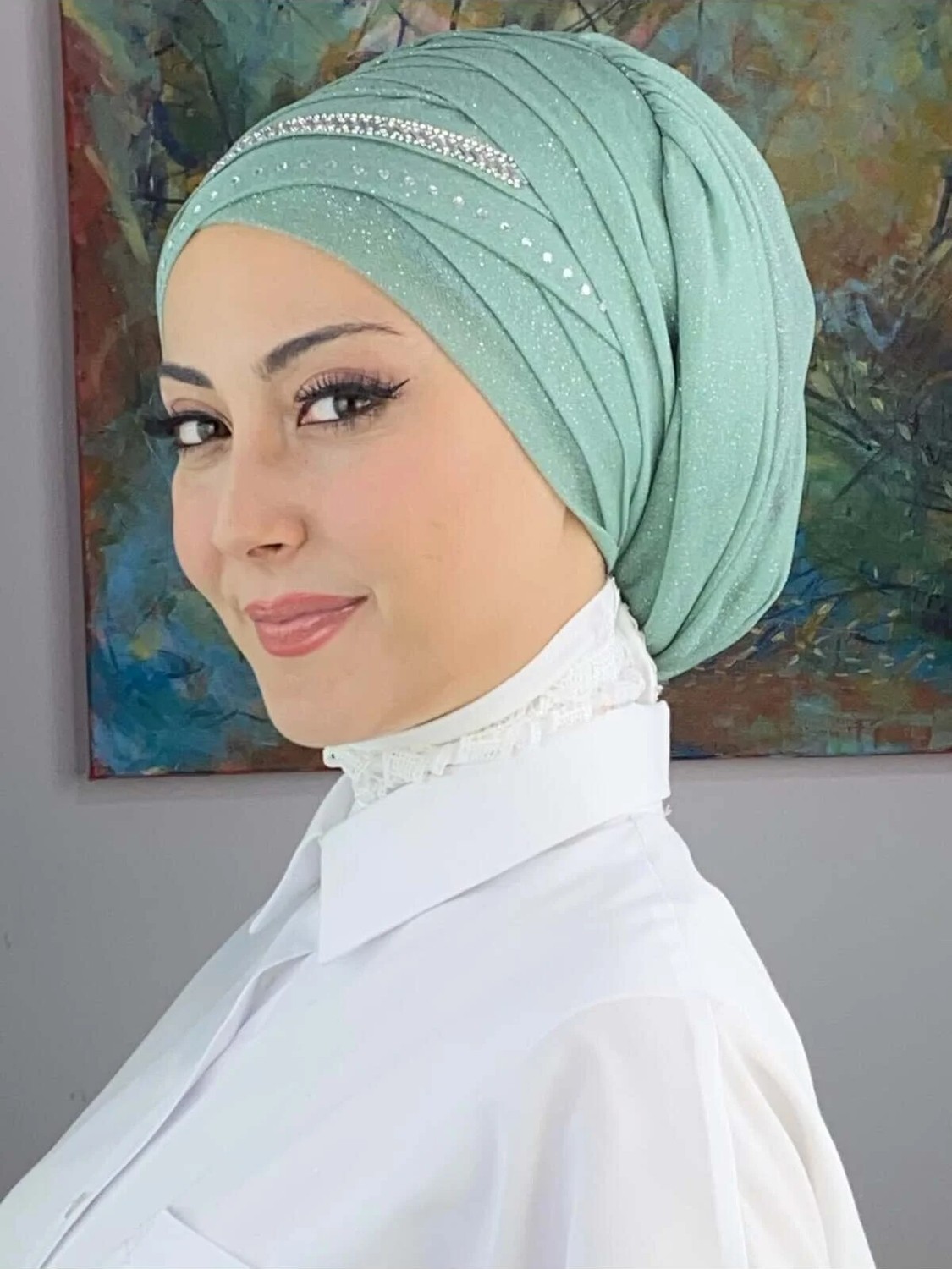 Butik Ambar Şerit Detaylı Bone Şal görsel 4