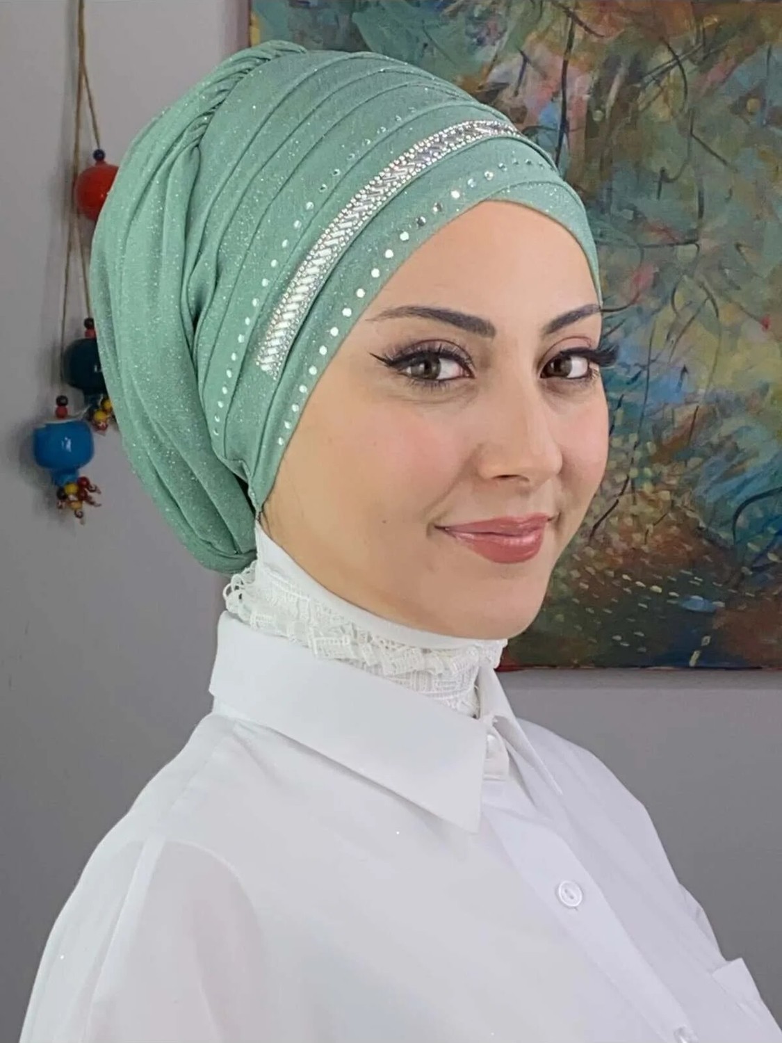 Butik Ambar Şerit Detaylı Bone Şal görsel 5