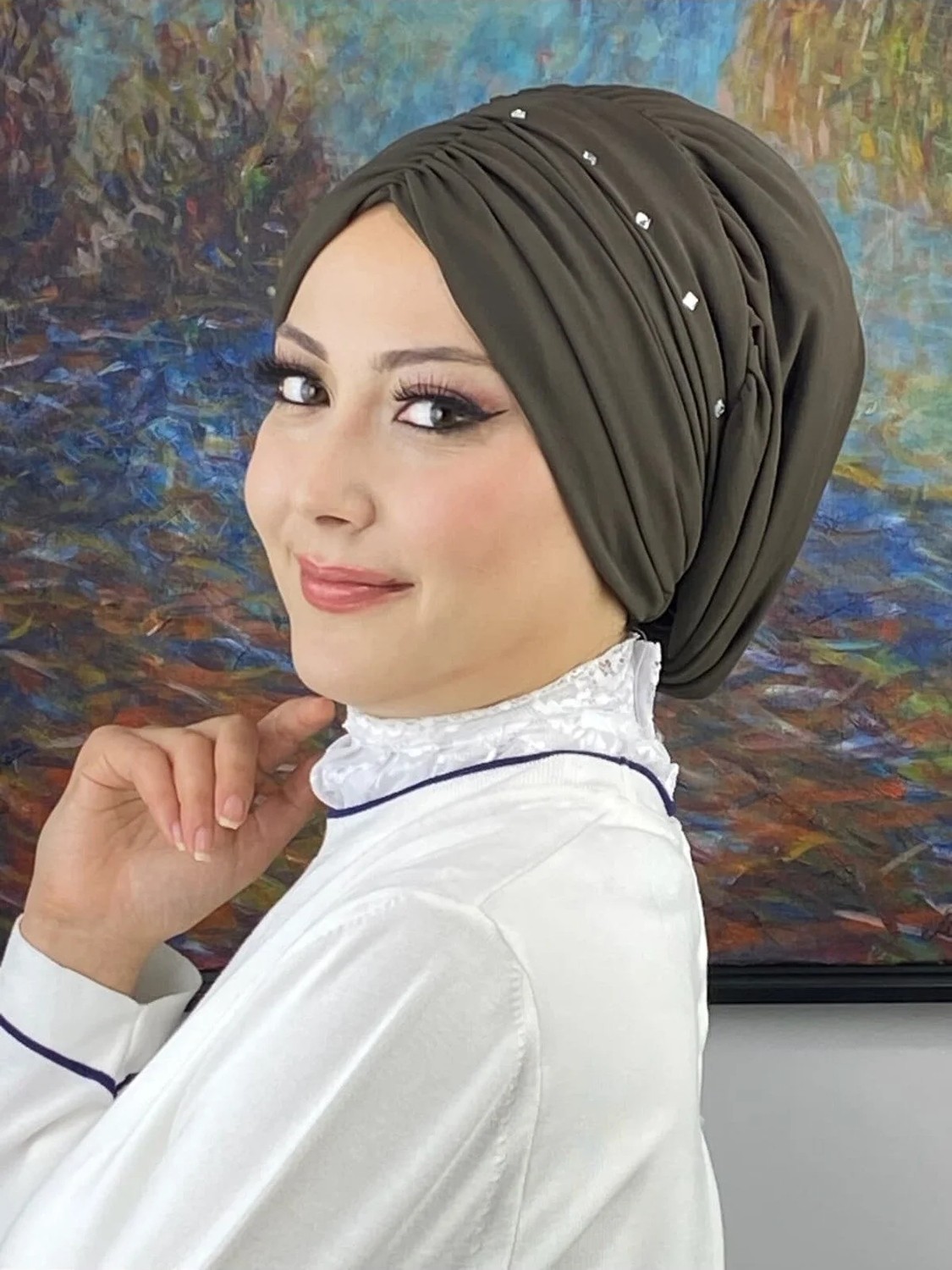 Butik Ambar Büzgülü Günlük Bone Şal görsel 5