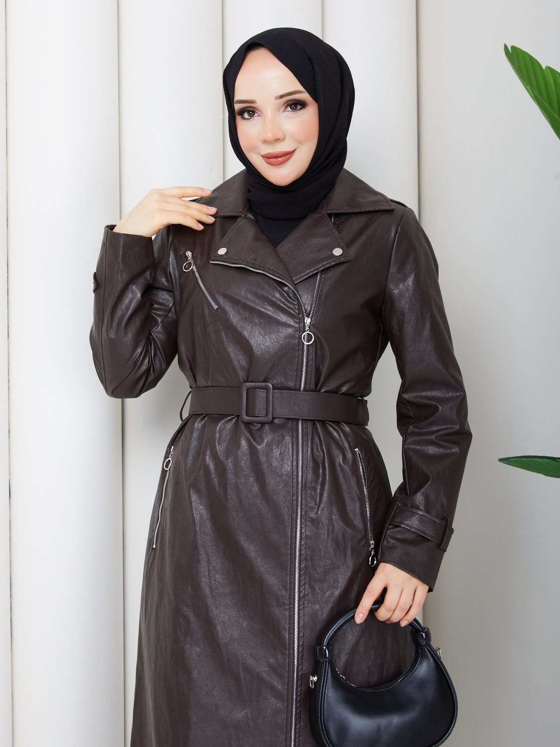 Doque Kadın Kışlık Deri Kaban Fermuarlı Suni Deri Spor Genç Model 54009 Kahve görsel 6