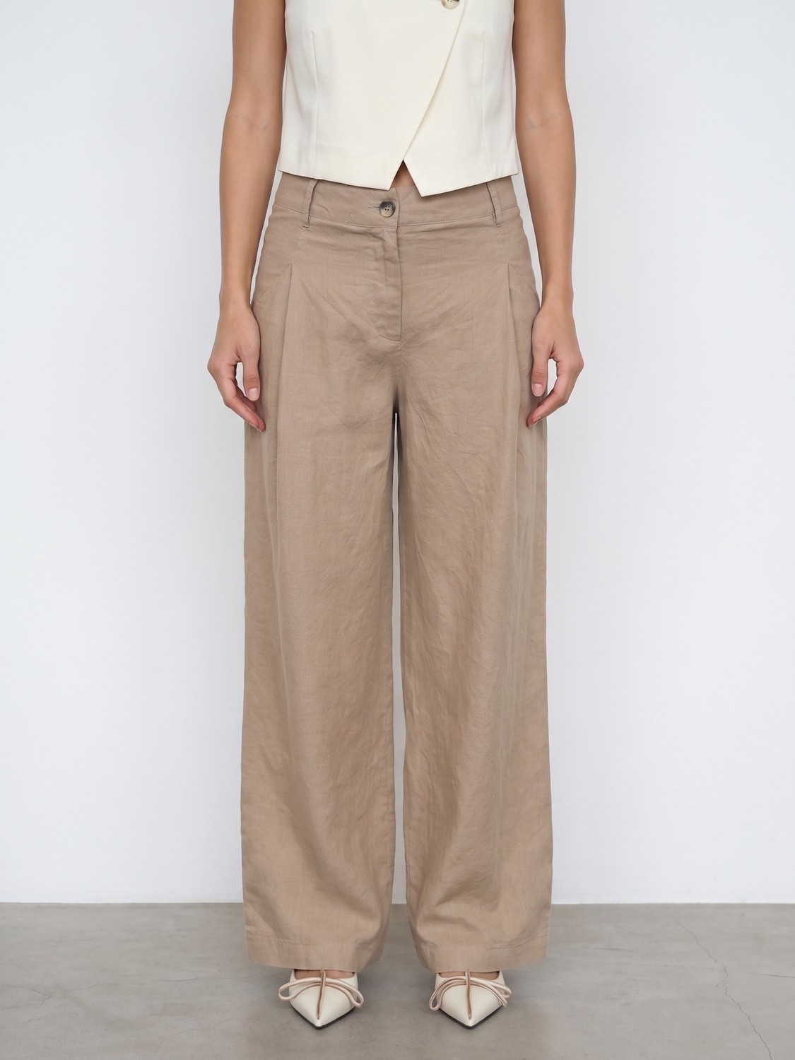 Dilvin 72762 %100 Keten Geniş Paça Pantolon-Bej