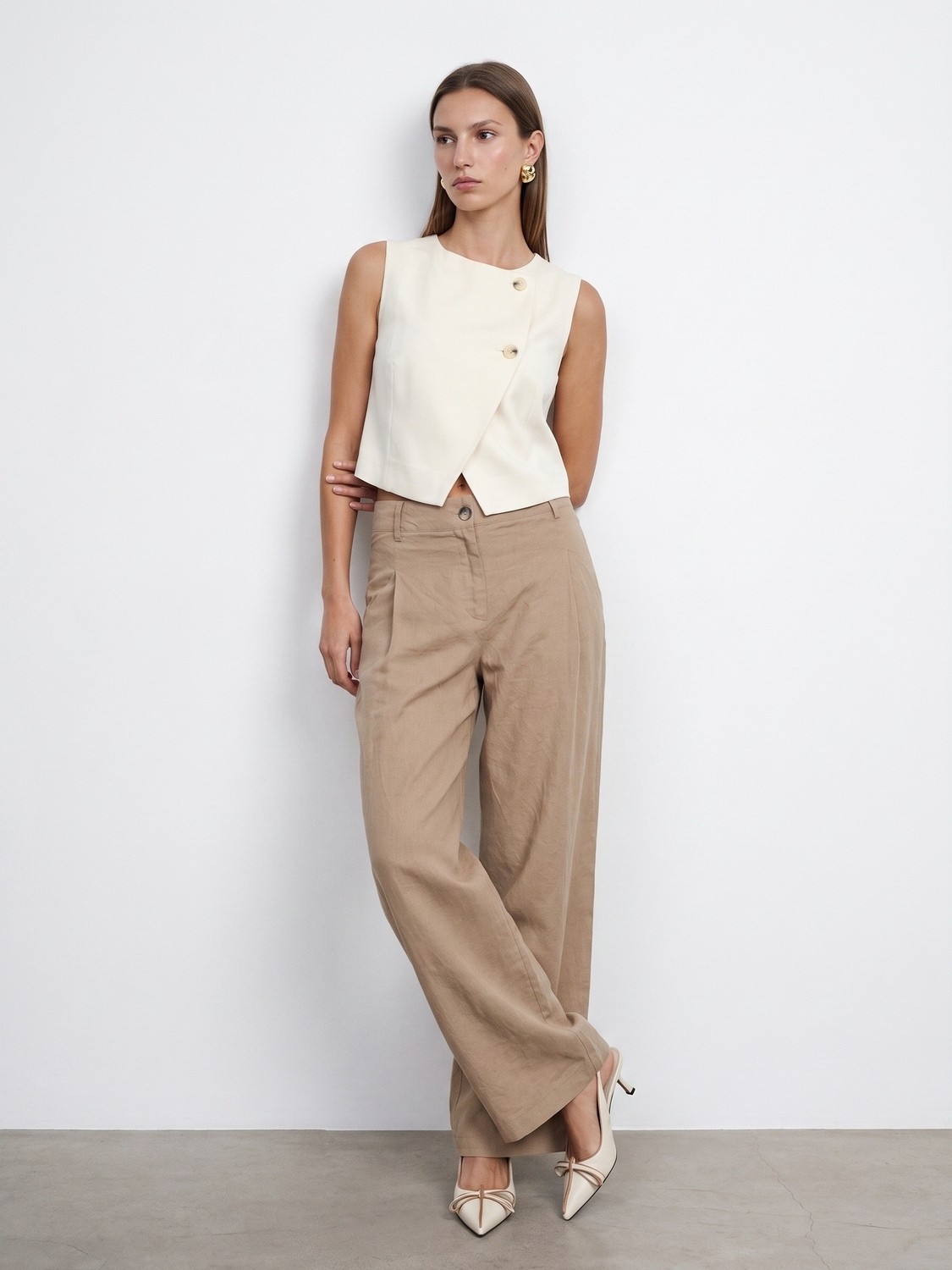 Dilvin 72762 %100 Keten Geniş Paça Pantolon-Bej görsel 4