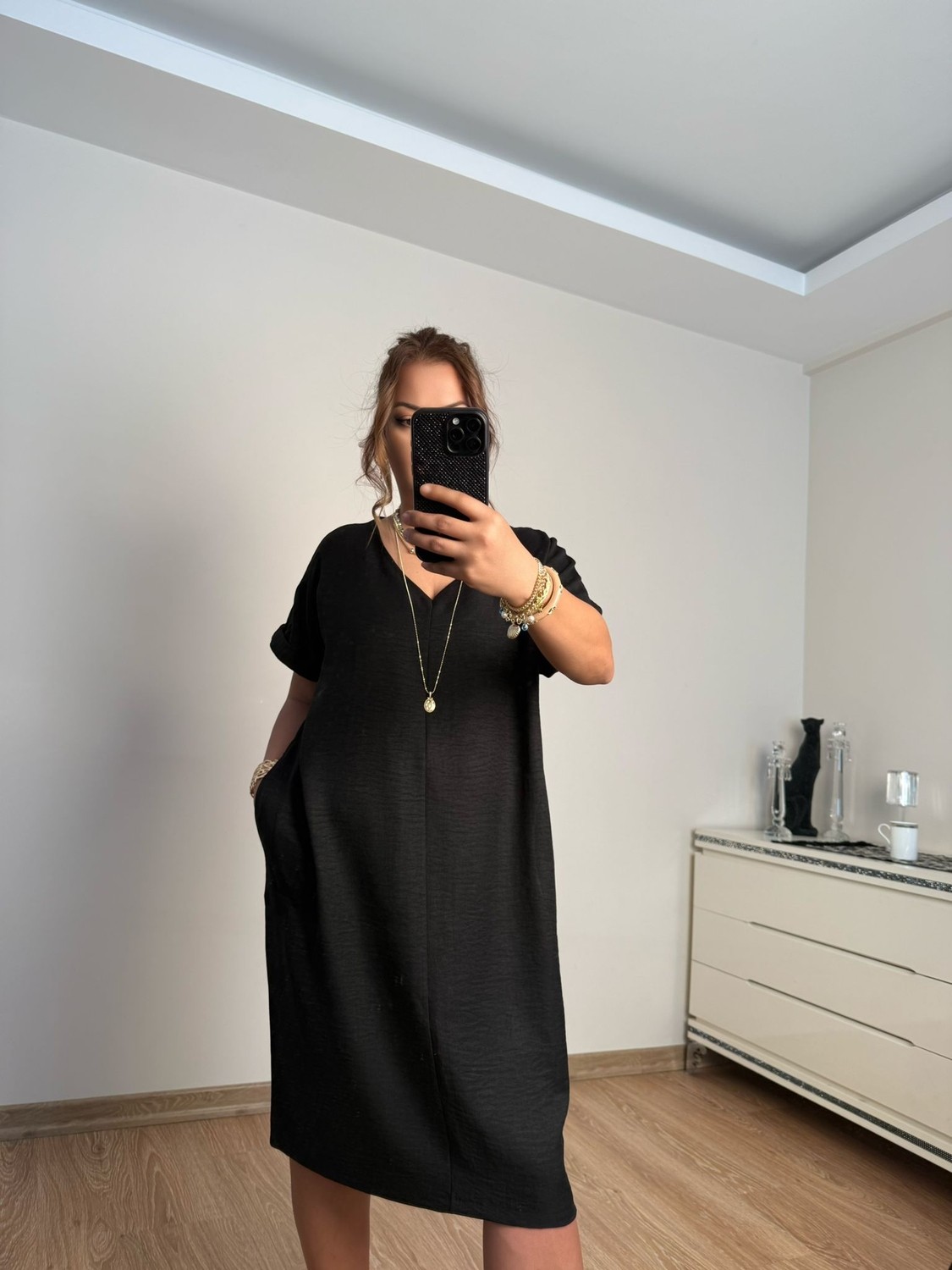 Nurnova 7502-1 Nurnova Kadın Siyah V Yaka Cepli Keten Elbise görsel 4