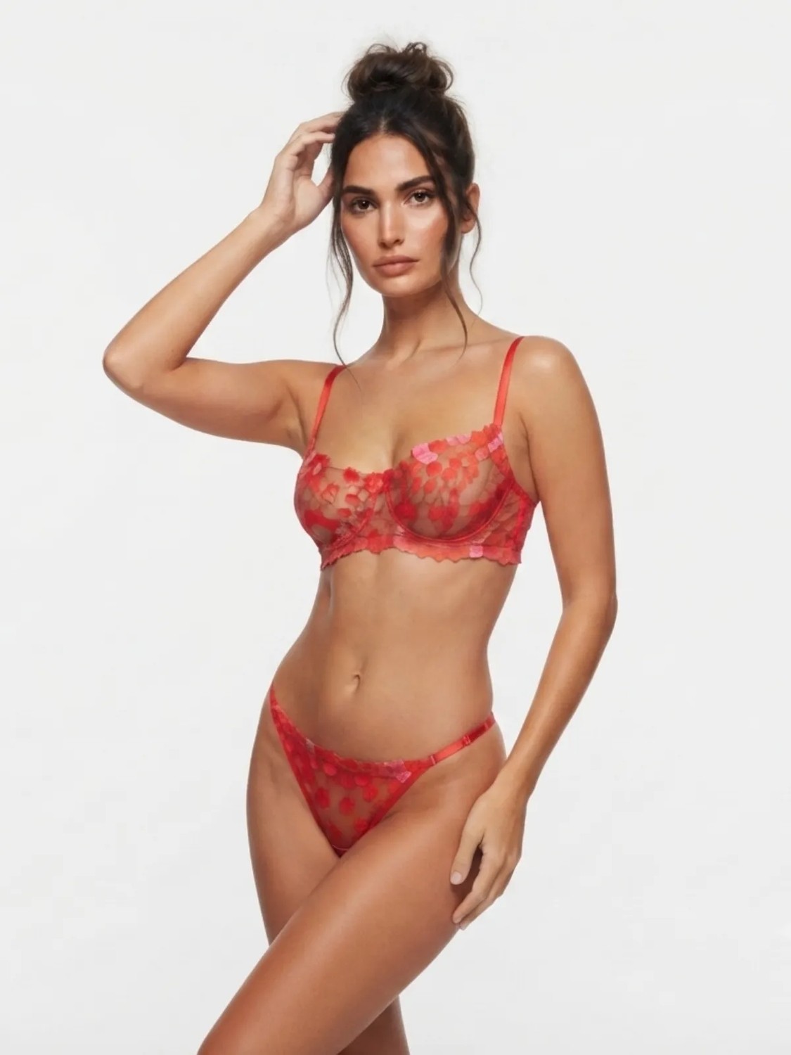 Maizen Kırmızı Kalpli Sütyen Takımı Balenli Transparan Dolgusuz Tanga Külotlu Kadın İç Çamaşırı R1013601 görsel 3