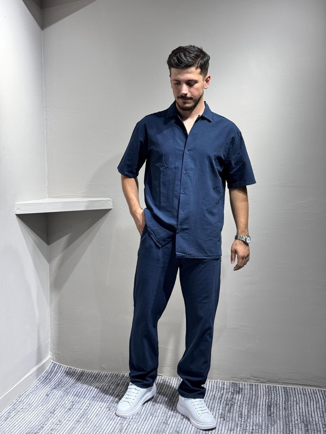 Blayn Jeans Gömlek Pantolon Erkek Keten Takım Oversize Kalıp görsel 2