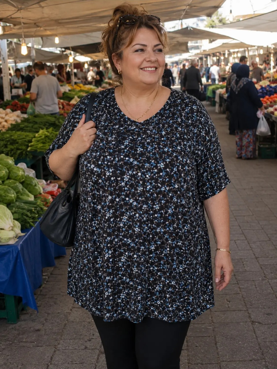 Snf Büyük Beden Penye Bluz Siyah Mavi Çiçekli Kaliteli Kullanışlı Şık Güzel görsel 2
