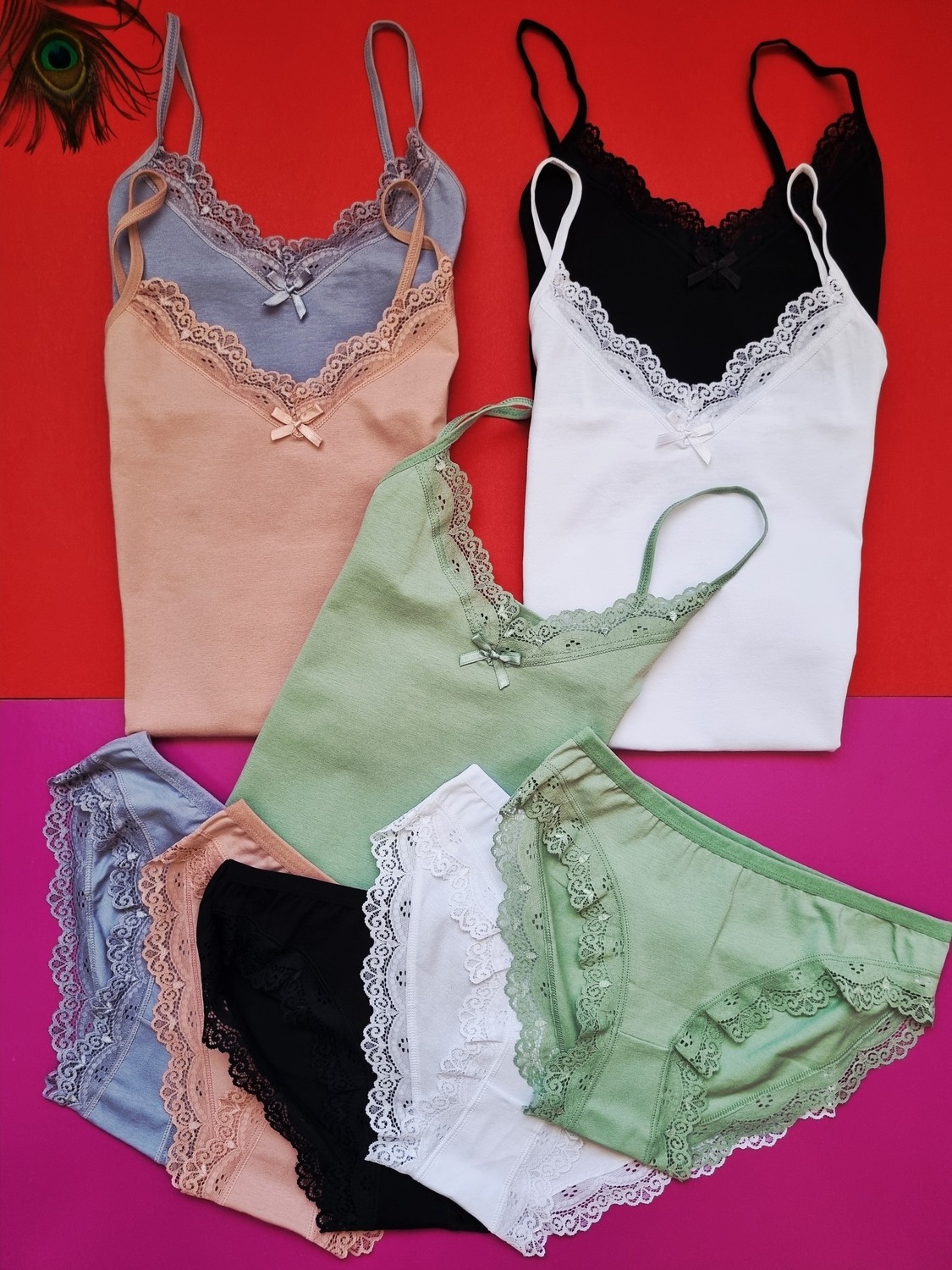 Demirsa Boutique Dantelli Ip Askılı 5'li Pudra, Yeşil, Mavi, Siyah ve Beyaz Renk Kadın Atlet Külot Takım görsel 3